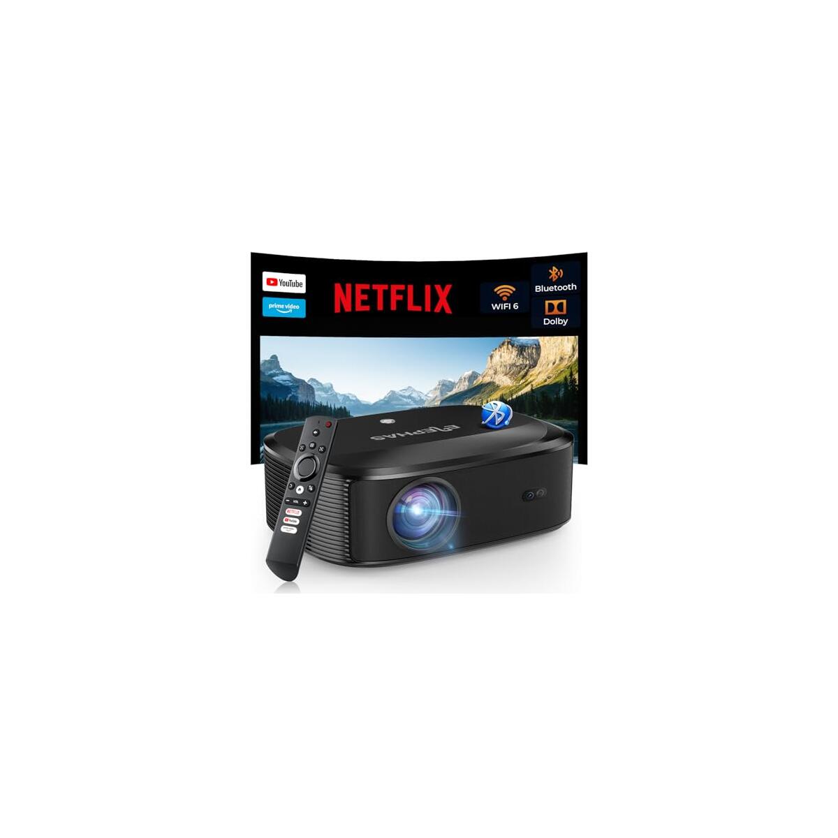 4K Projector with Wifi and Bluetooth, ELEPHAS Outdoor Movie Projector with NETFLIX/Prime Video/YouTube Built-in, 100,000+ Apps Supported, Video Projector Compatible with HDMI/USB/iOS/Android/Windows