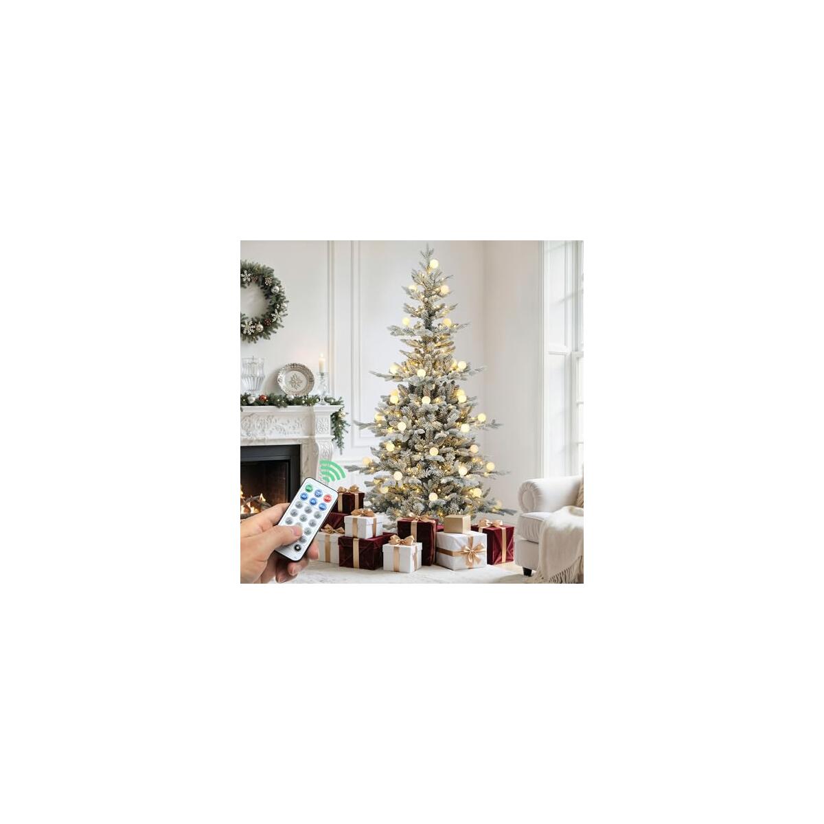 YITAHOME 6FT Pre-lit Flocked Layered Christmas Tree with Remote, Hinged Flocked Christmas Tree w/ 1338 PE & PVC Mixed Branch Tips, 270 Warmwhite & Color Changing Lights w/Removable lampshade,11 Modes