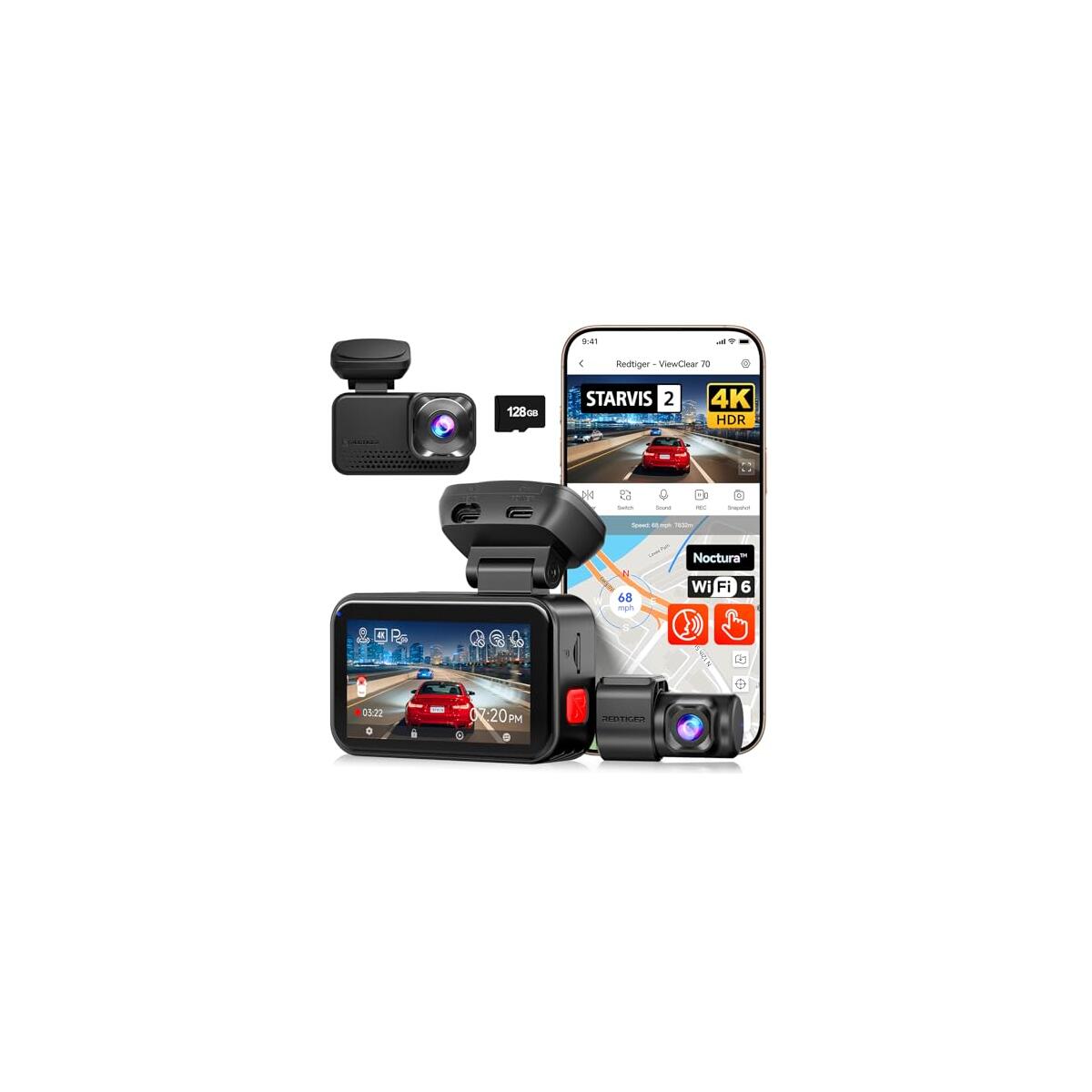 REDTIGER ViewClear 70 4K+2.5K Dash Cam Front and Rear, 8MP STARVIS 2 IMX678 x Noctura&trade; Sensor, Dual HDR Hyper Night Clarity, 5.8GHz WiFi 6, 30MB/S Fast Download, Dash Camera with 24H Parking Monitor