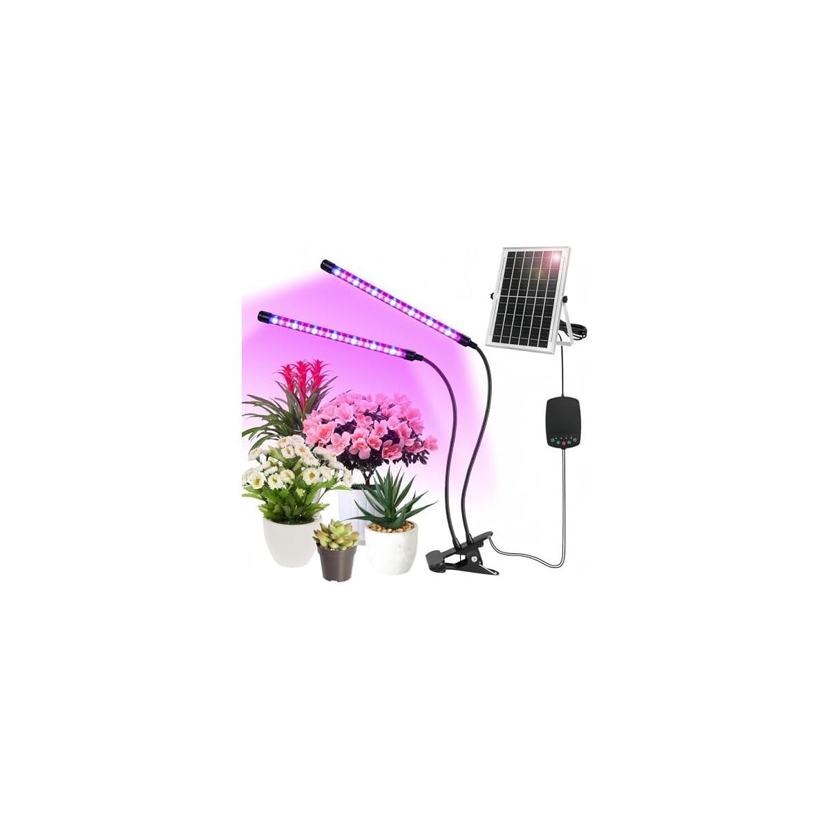 Solar-Powered Grow Lamp with Battery, 2-Head 40 LED Full Spectrum Clip Light, 16.4FT Cable, USB Charging, Timer & Dimmable Settings for All Growth Stages