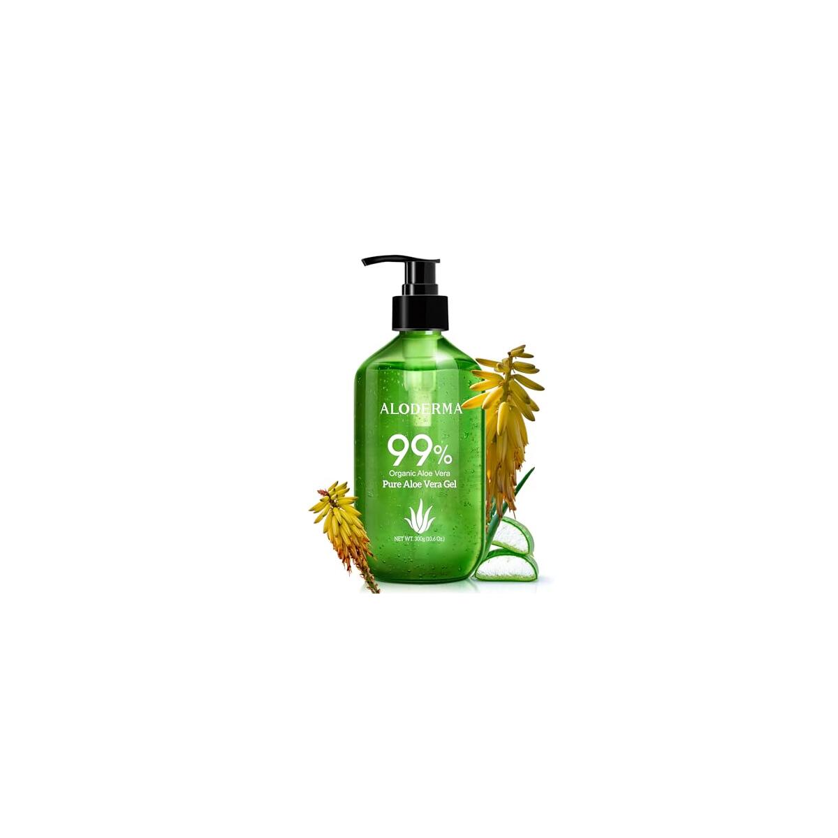 Aloderma 99% Organic Aloe Vera Gel Made within 12 Hours of Harvest - Lightweight, Non-Sticky Aloe Gel for Face Body, Hair, & Scalp, After Sun Relief, Natural, Soothing Hydrating Aloe Gel, 10.6oz