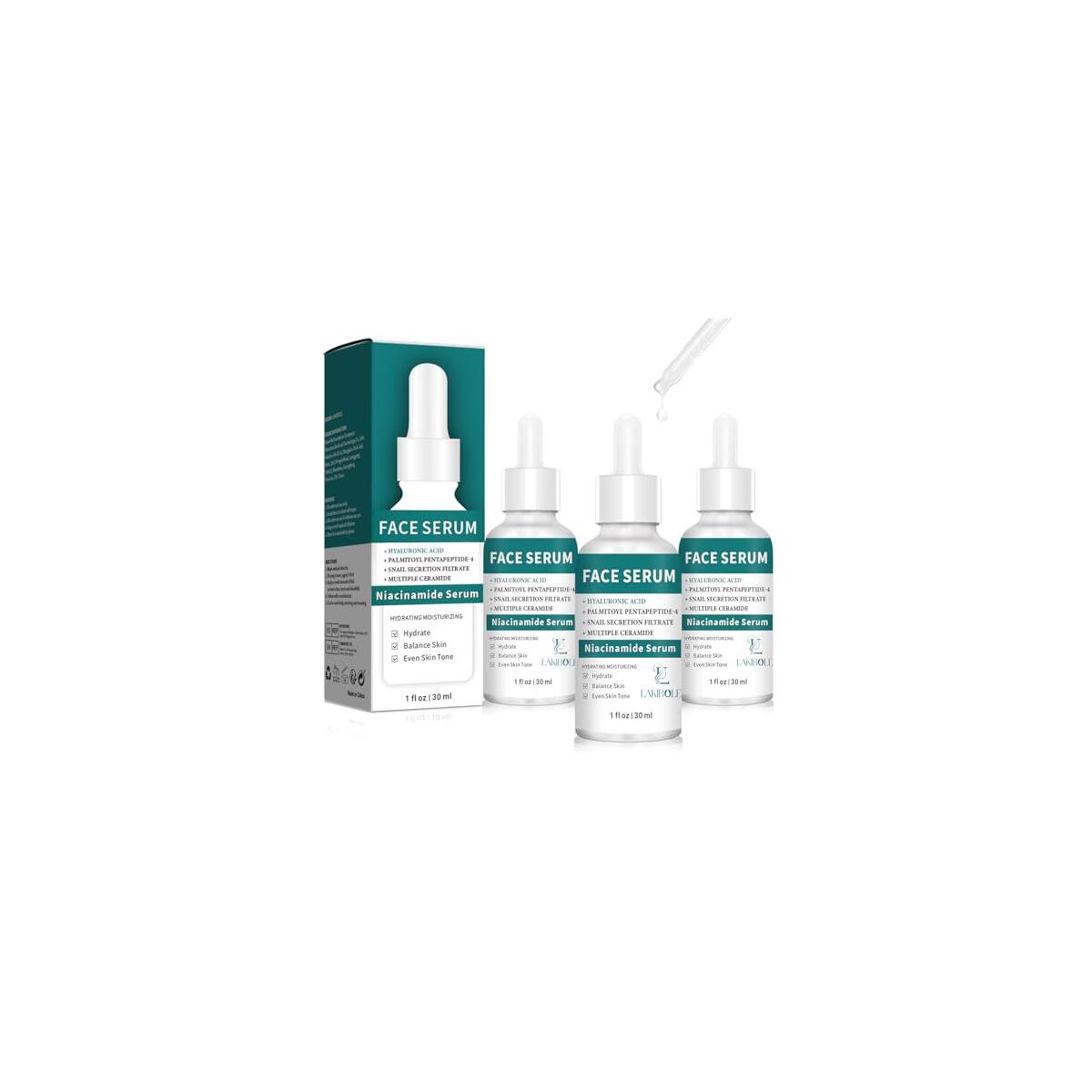 LAKIBOLE 3 Pack 5% Niacinamide Serum with 1% Ceramide T5 & 1% Snail Secretion for Balanced Hydration & Tone (1fl.oz/30ml)