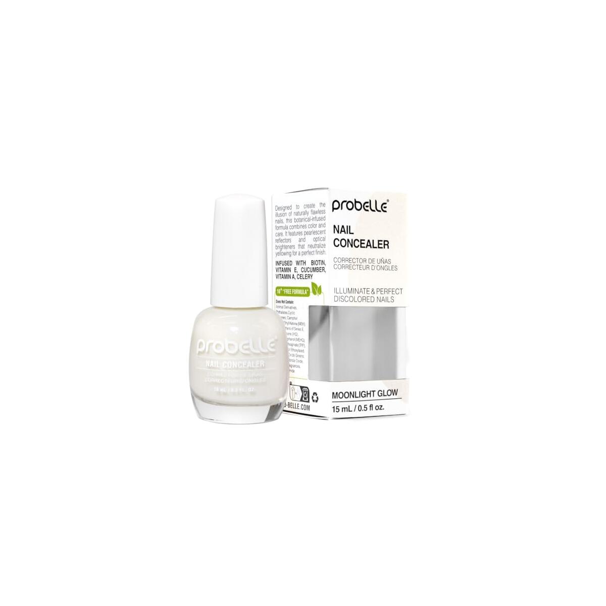 Probelle Illuminating Nail Concealer, Sheer Long Lasting Brightening Nail Polish for yellowing discolored nails, perfect finish for damaged nails with imperfections, Vegan, Gluten Free, Moonlight Glow