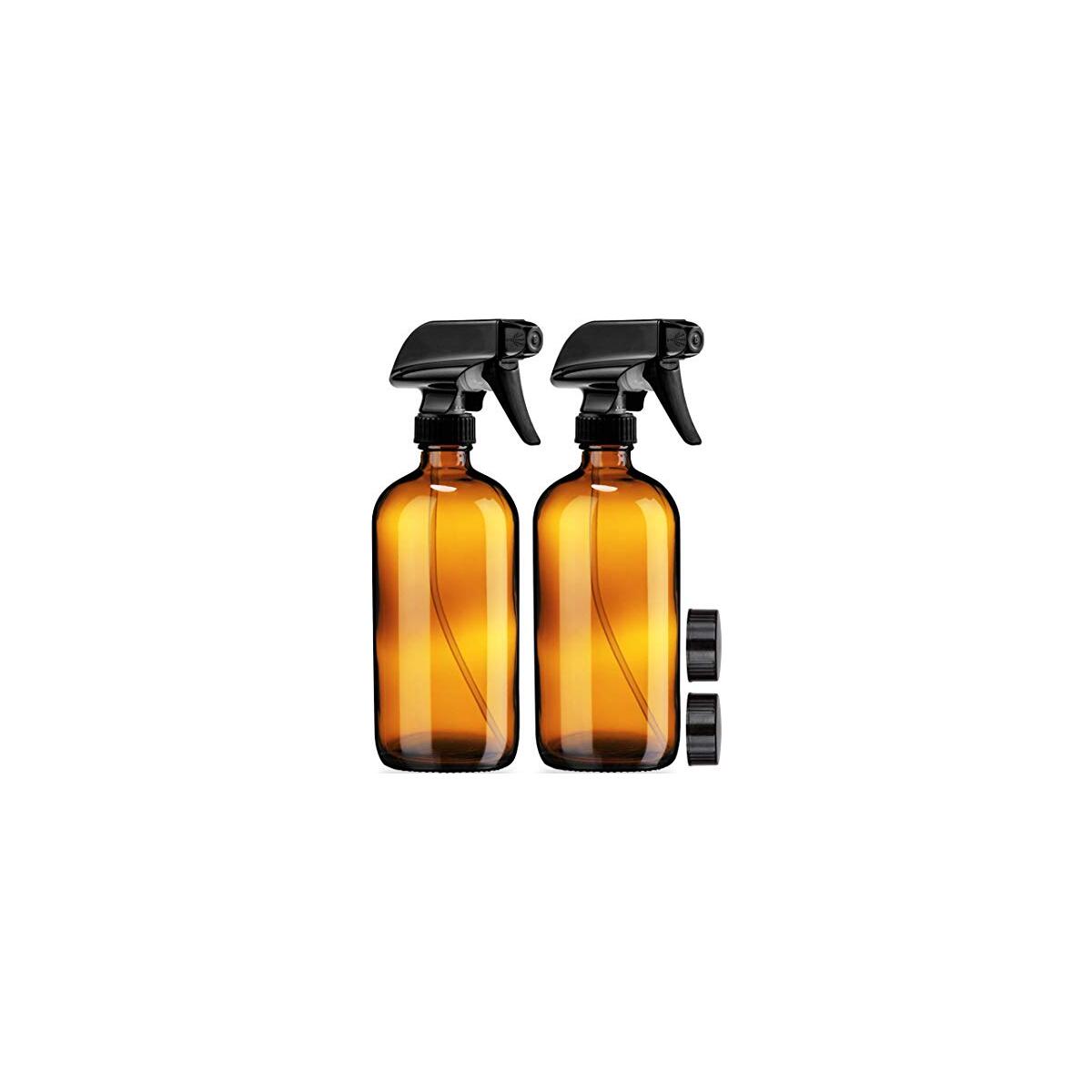 Sally's Organics Empty Amber Glass Spray Bottles - 2 Pack - Large 16oz Refillable Bottle for is Great for Essential Oils, Plants, Cleaning Solutions, Hair - Durable Nozzle - Fine Mist/Stream Setting