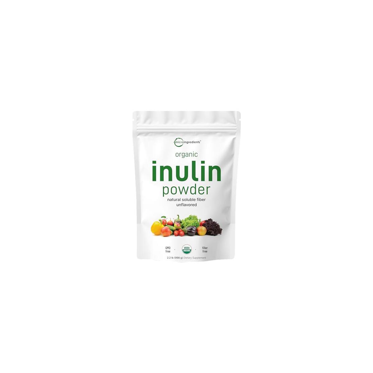 Micro Ingredients Organic Inulin FOS Fiber Powder, 2.2 lbs | Quick Water-Soluble Prebiotic | Natural Fiber for Smoothies & Drinks | Vegan Friendly, Dissolves Clear