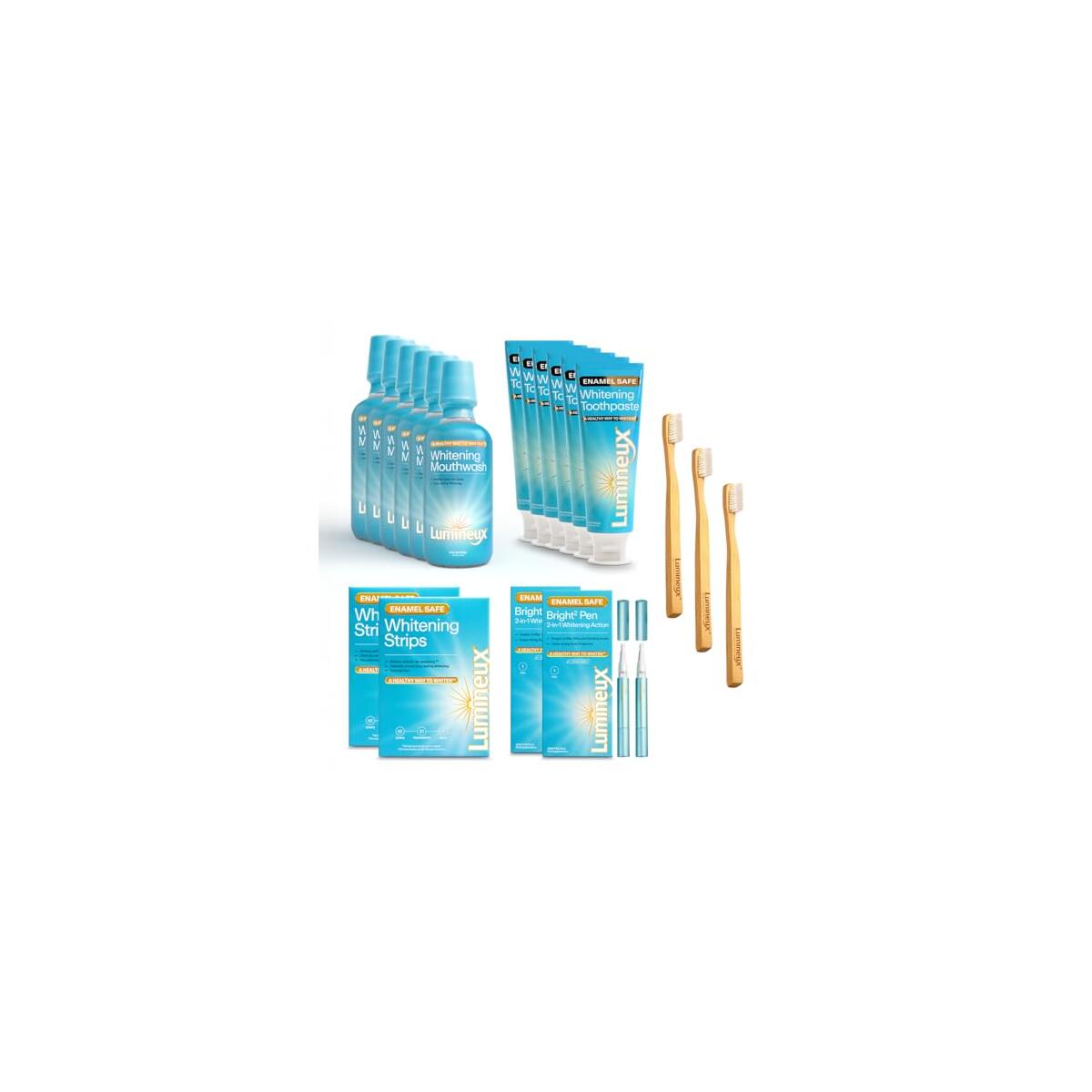 Lumineux Longevity Whitening Kit Bundle - Contains 6X Toothpastes, 6X Mouthwashes, 2X Strips and 2X Whitening Pens - Enamel Safe and Clinically Proven to Whiten Without The Sensitivity