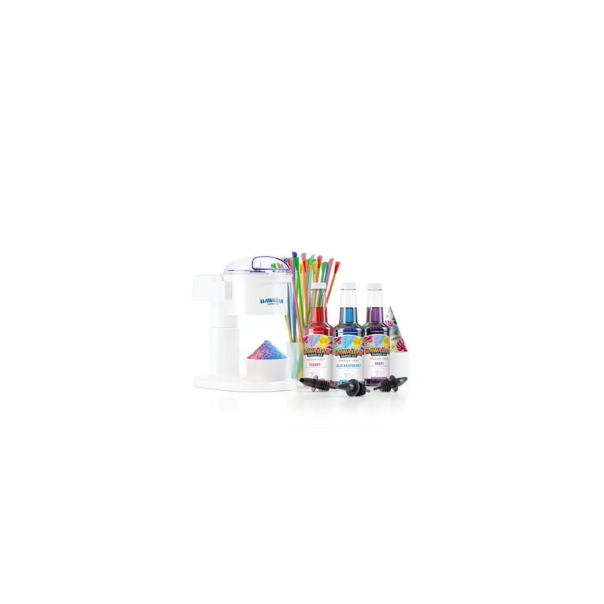 Hawaiian Shaved Ice S700 Kid-Friendly Snow Cone Machine Kit with 3-16oz. Syrup Flavors: Cherry, Grape, and Blue Raspberry, Plus 25 Snow Cone Cups, 25 Spoon Straws, and 3 Black Bottle Pourers