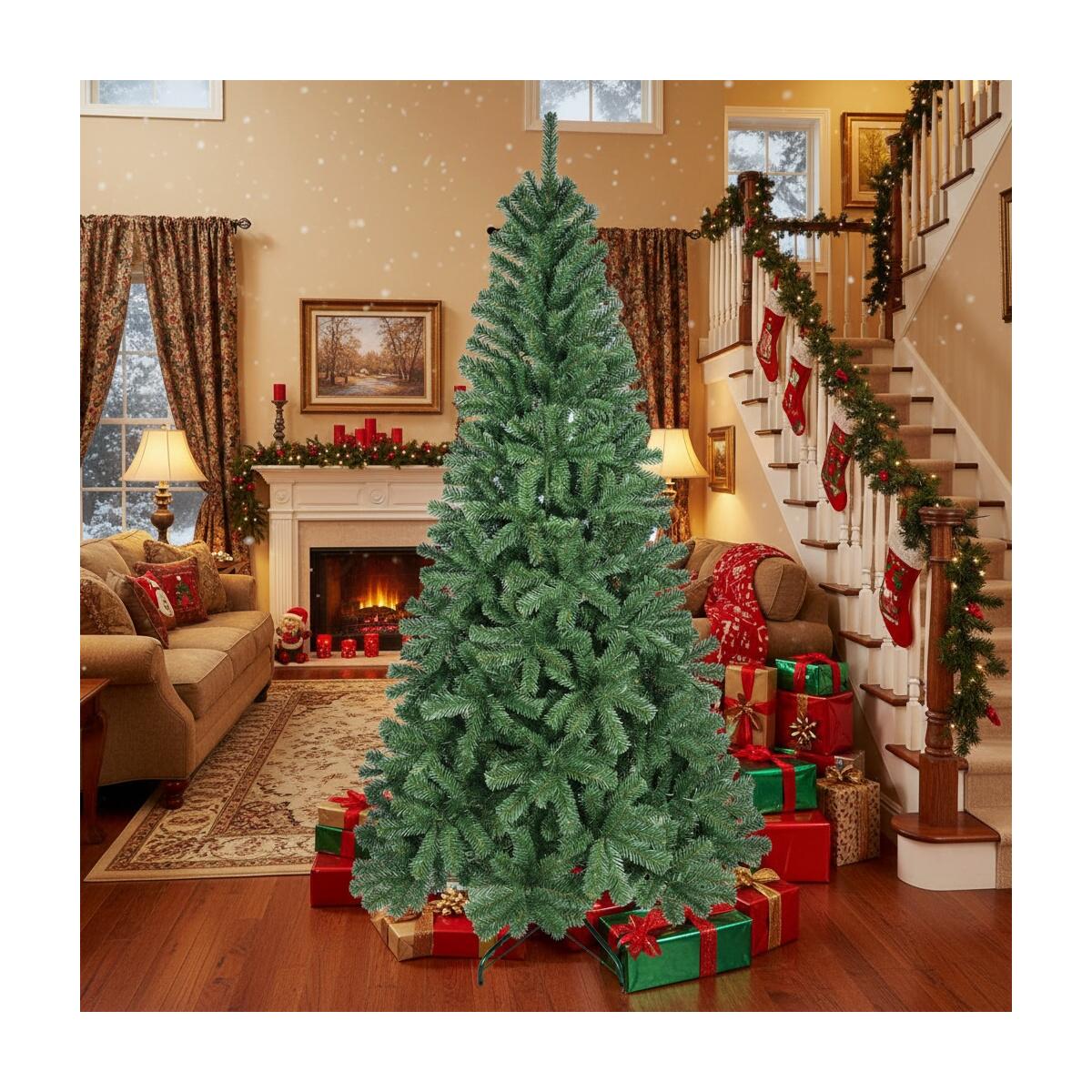 7FT Christmas Tree With 774 PVC Tips Hinged Metal Stand Natural Green Artificial Plant Holiday Decor For Office Apartment Party Use