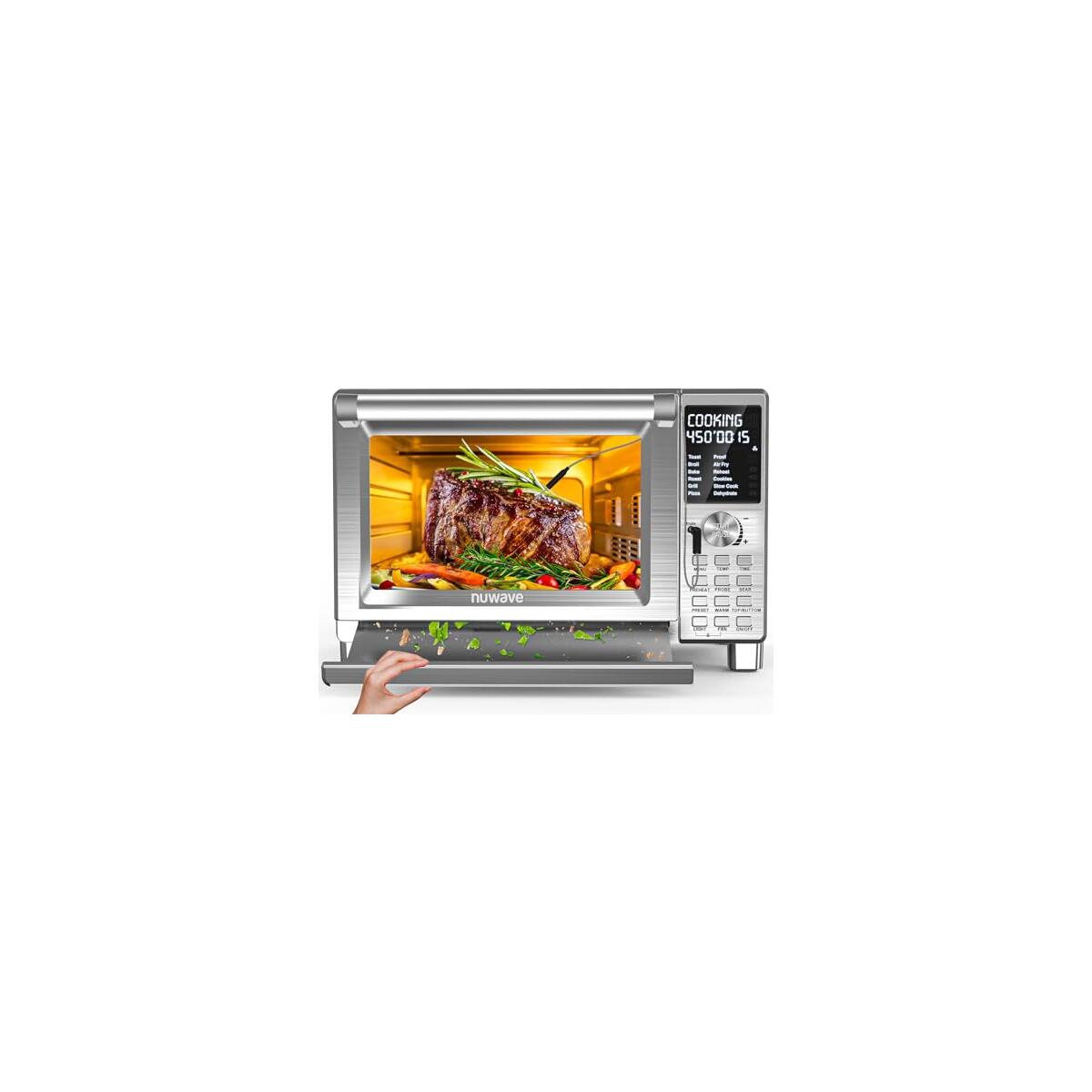 Nuwave Bravo XL Pro Air Fryer Toaster Oven, Improved 100% Super Convection, Quicker & Crispier Results, 100 Presets, Multi-Layer Even Cooking, 50-500F, Smart Probe, PFAS Free, 30QT, Stainless Steel