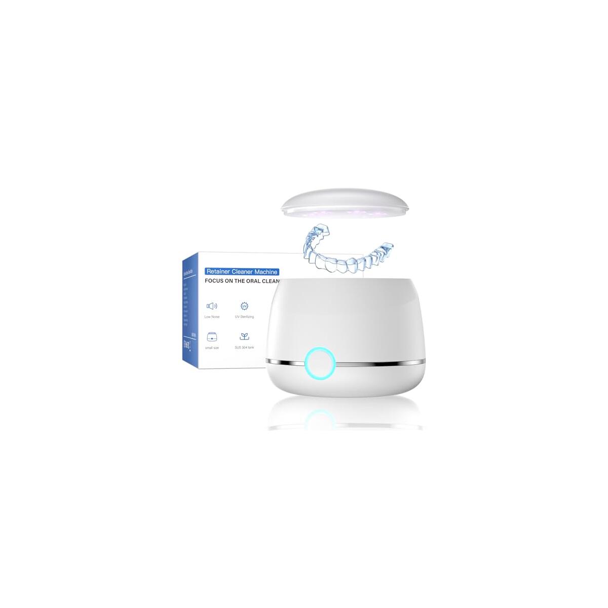 Ultrasonic Retainer Cleaner, 45kHz Denture Cleaner Machine, 5min and 10min Modes with Rechargable Top Cover, 200ml Dental Cleaning Pod, MouthGuard Cleaner for Aligner NightGuard Jewelry