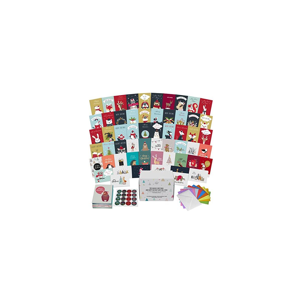 Dessie 100 Unique Modern Christmas Cards with Envelopes and Matching Sealing Stickers. Happy Holiday Cards with Short Greetings Inside. Bulk Christmas Cards Boxed with Envelopes