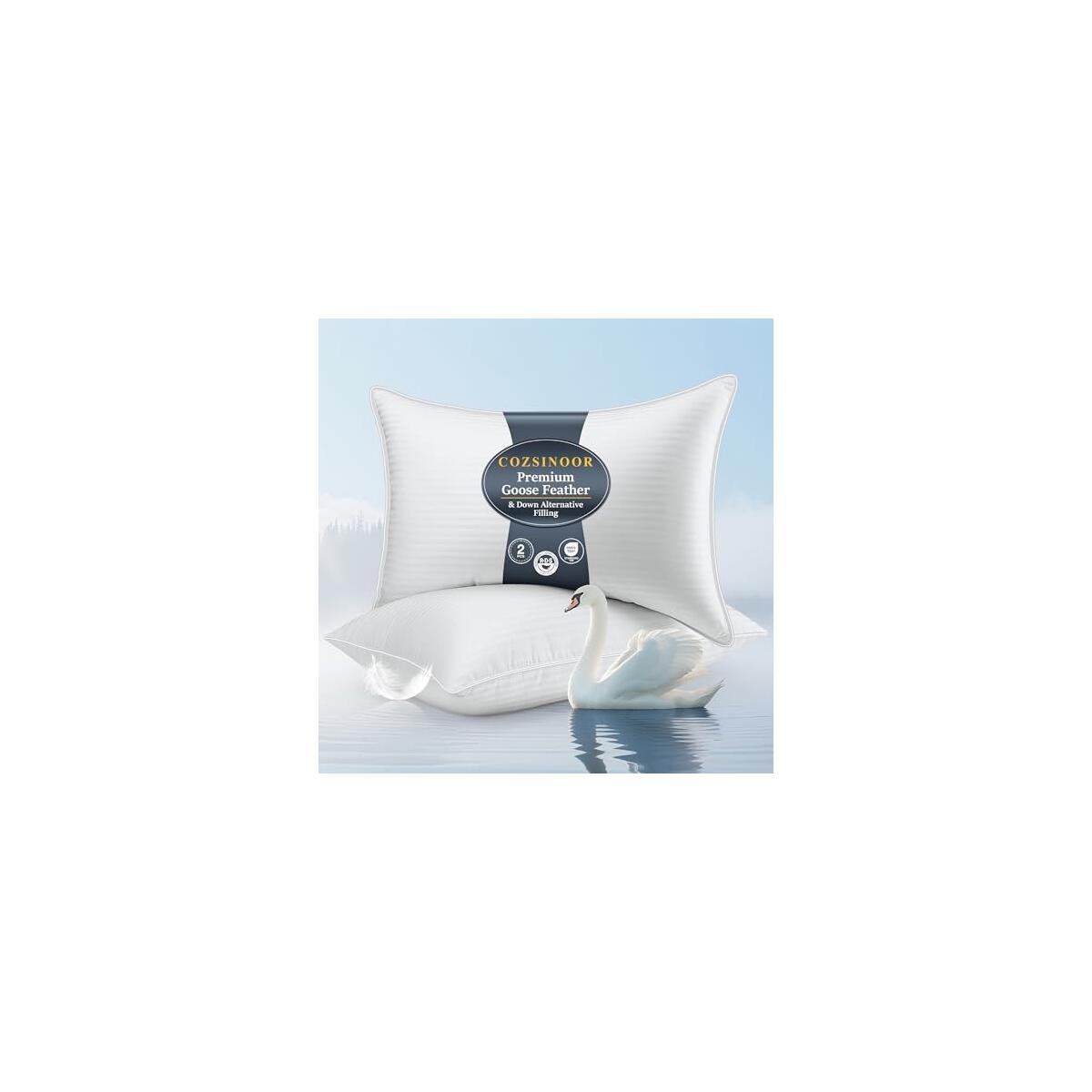 COZSINOOR Goose Down Feather Pillows Queen Size Set of 2 - Hotel Down Bed Pillow for Sleeping, Soft 600 TC Cotton Cover, Fluffy Support Surround Fill Down Alternative for Back, Stomach, Side Sleepers