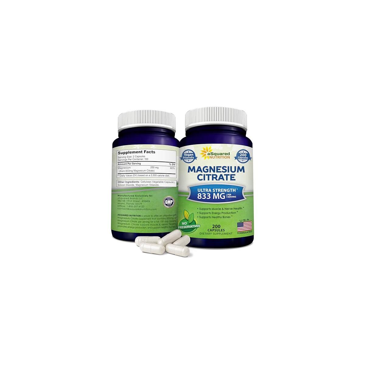 aSquared Nutrition Magnesium Citrate 833mg Supplement - 200 Capsules - Max Strength Vegan Mag Citrate Powder Pills to Support Pure Function of Muscles, Heart & Bones - Helps Increase Energy