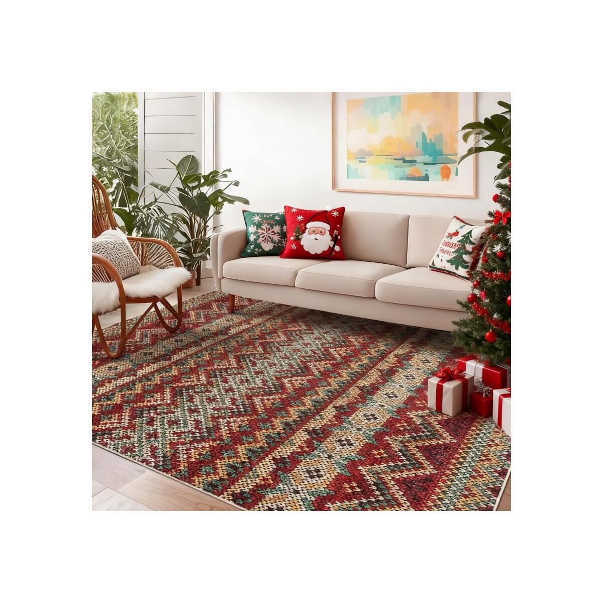 GarveeHome 5x7 Living Room Rug Christmas Boho Rugs for Bedroom Washable Rug Bohemian Area Rugs Stain Resistant Throw Carpet Low Pile Soft Floor Cover for Dining Room Office Playroom Nursery, Red