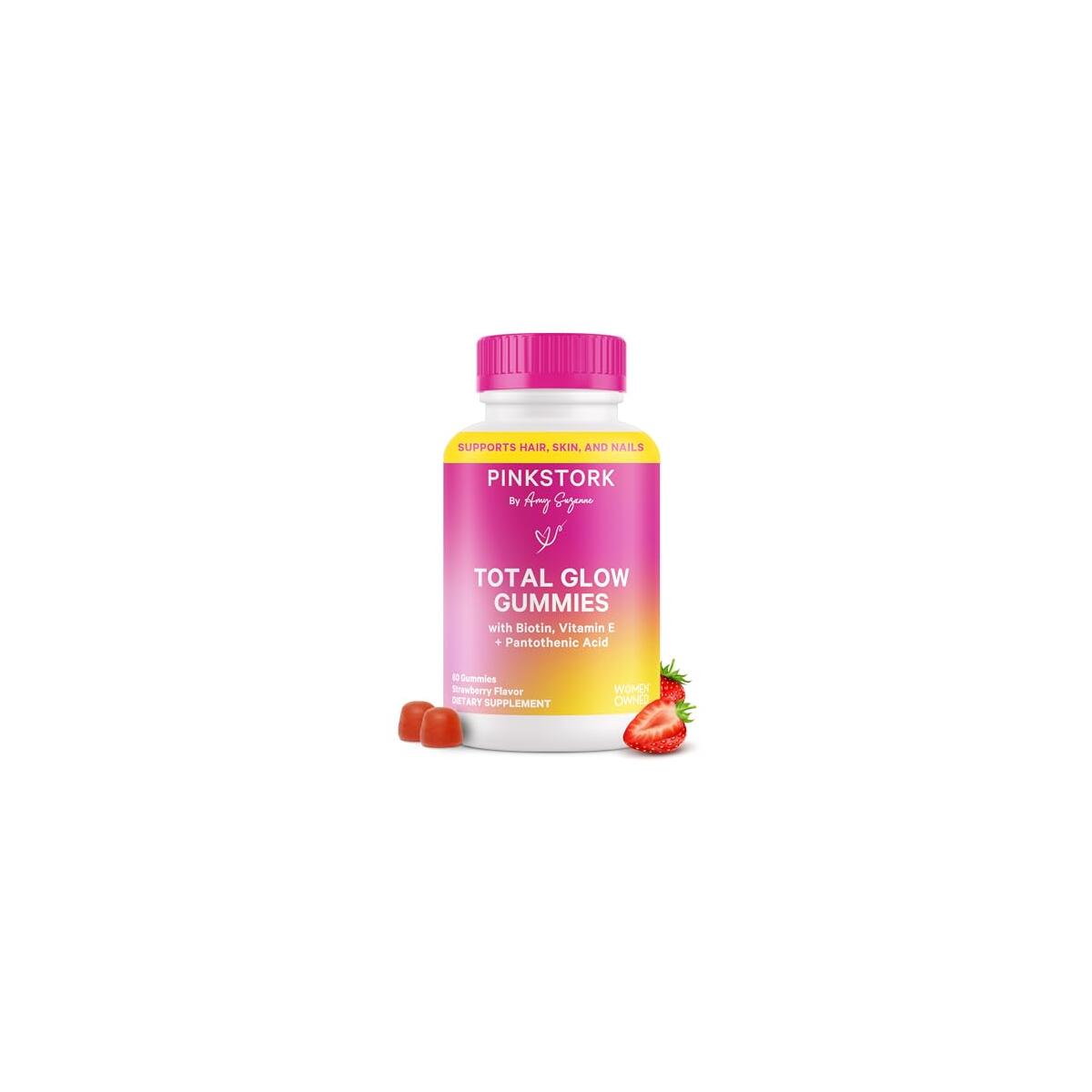 Pink Stork Total Glow Gummies for Women &ndash; Hair, Skin & Nails Vitamin with Biotin, Vitamin A, B6, B12, Folate, Zinc & More &ndash; Support for Radiant Skin, Strong Nails, and Healthy Hair &ndash; 60 Berry Gummies
