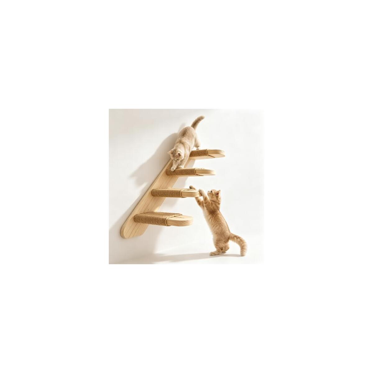 Cat Ladder 4-Step Solid Rubber Wood Climbing Shelf Wall Mounted | Natural Jute Rope Steps, Space-Saving Design, Built-in Scratch Post, Easy Wall Installation, For All Cat Sizes