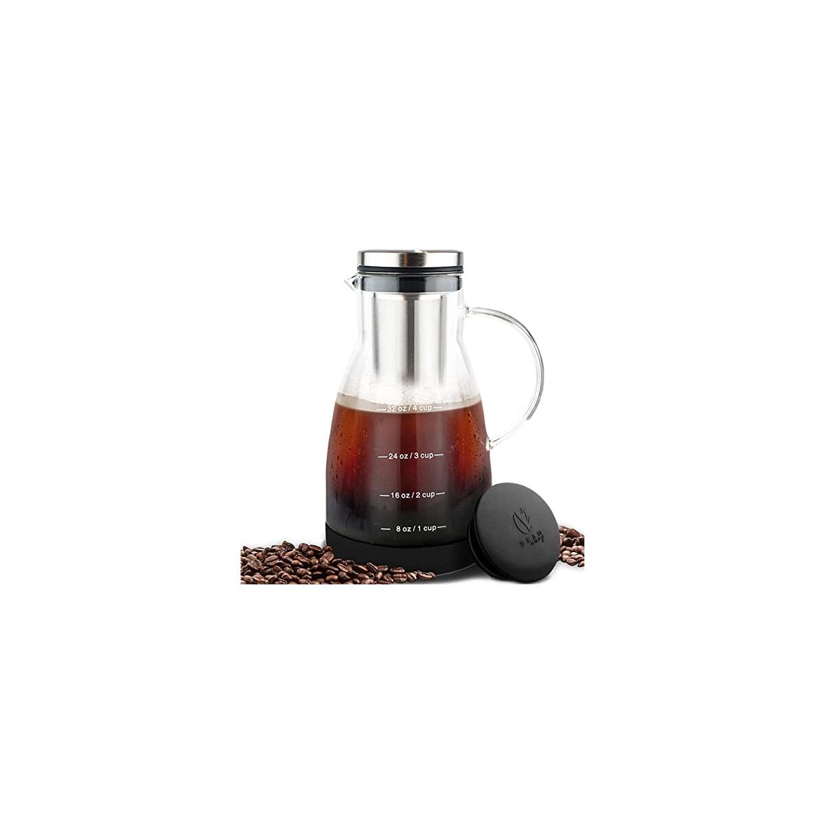 Bean Envy Cold Brew Coffee Maker - 32 oz Glass Coffee Cold Brew Maker and Pitcher w/Silicone Cap & Base