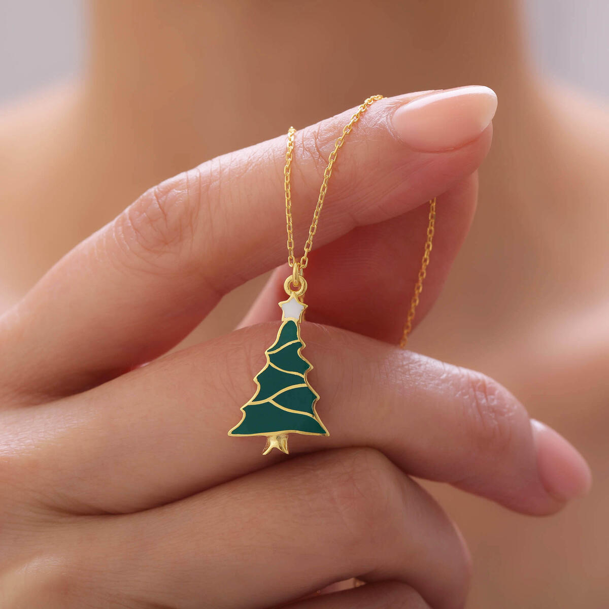 Handmade Green Enamel Christmas Tree Sterling Silver Necklace