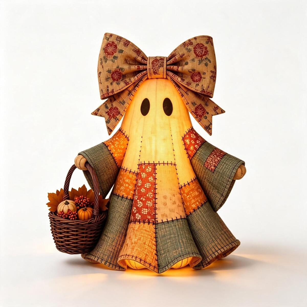 Patchwork Ghost Door Hanger with Warm LED Lights Halloween Decor