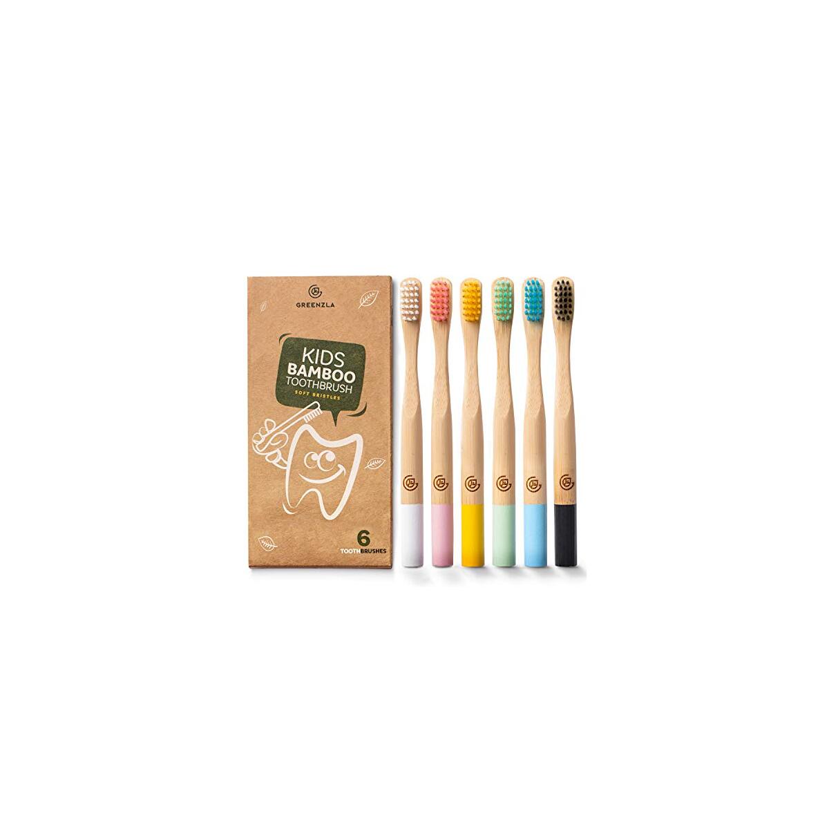 GREENZLA Kids Bamboo Toothbrushes, Natural Toothbrush Set, Soft Bristles, Durable Charcoal Wooden Brushes, Compostable Design for Toddlers and Children, 6 Pack