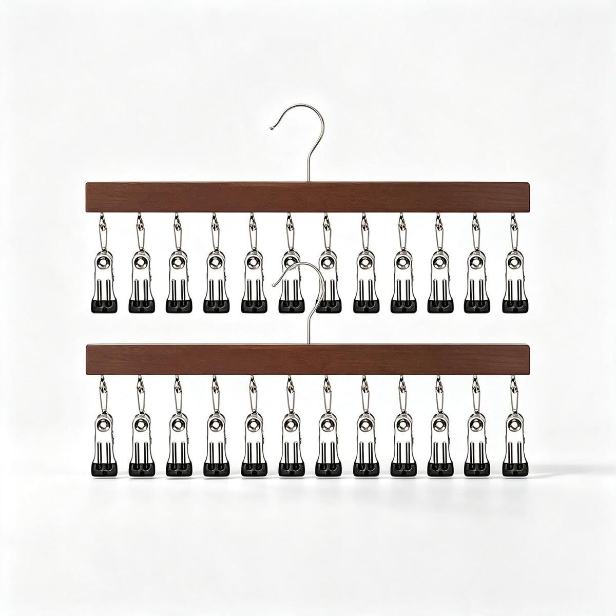 Space Saving Pants Hanger with 12 Clips Wooden 2pc Vintage