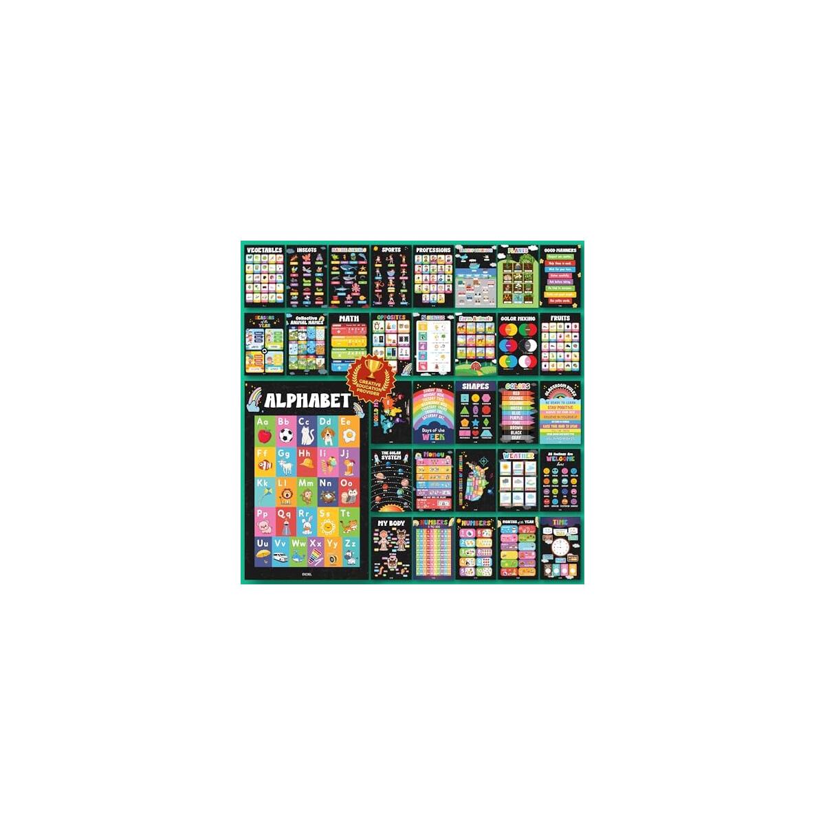 32 Chalkboard Educational Posters For Toddlers 1-3, Toddler Learning Posters For Kids Ages 3-5, Kindergarten Classroom Must Haves, Laminated Abc Number Chart Prek Classroom Decor Preschool