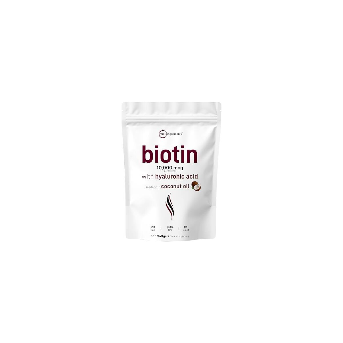 Micro Ingredients Biotin 10,000mcg w/Hyaluronic Acid 25mg | 365 Virgin Coconut Oil Softgels, Fast Release, One Year Supply, Supports Healthy Hair, Skin & Nails, Non-GMO & No Gluten