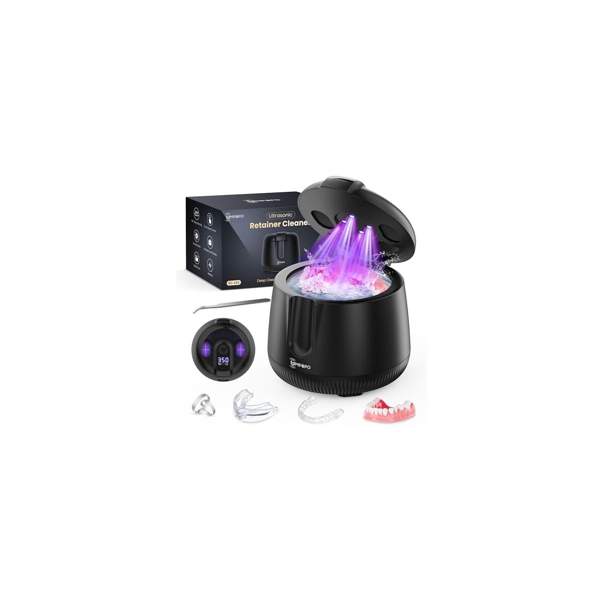 Ultrasonic Retainer Cleaner Machine 48kHz, Dental Cleaning Pod, Ultrasonic Retainer Cleaner for Dentures, Aligners, Mouth Guards, Toothbrush Heads and Jewelry with 200ML Capacity, LAB Supply | Gentle cleaning action works well on mouth guards, toothbrush