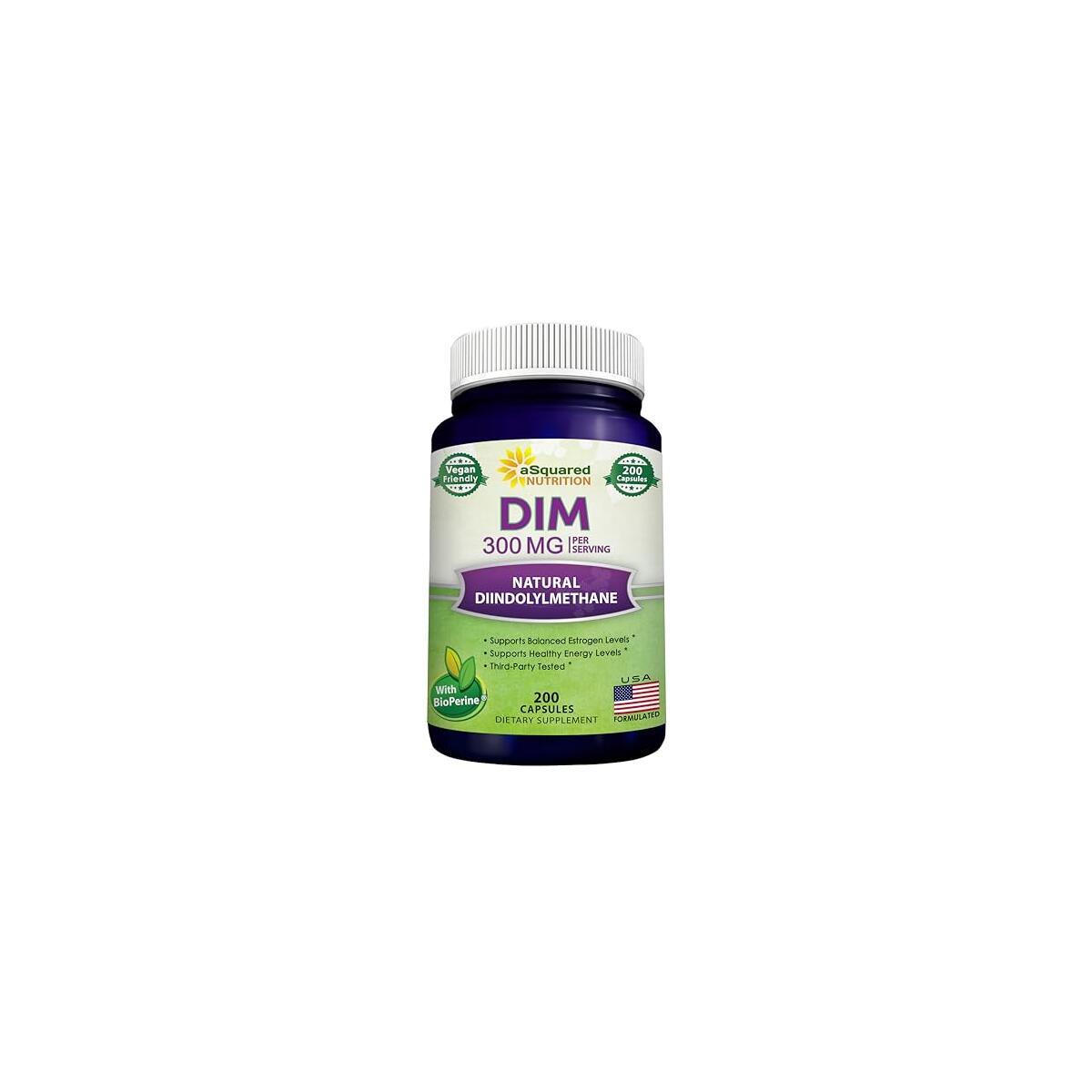 aSquared Nutrition DIM Supplement 300mg Plus BioPerine - 200 Veggie Capsules - Diindolylmethane DIM Max Strength Pills to Support Estrogen Metabolism & Balance, Menopause Relief, PCOS, Hormonal Acne