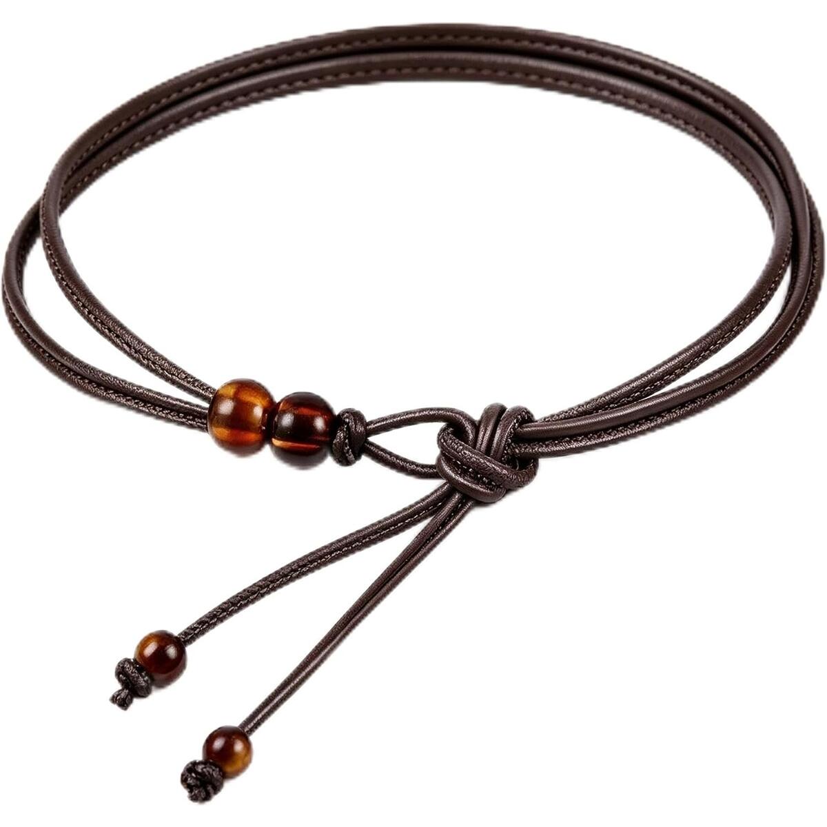 Women's Narrow Decorative Waist Belt with Pearl & Amber Beads