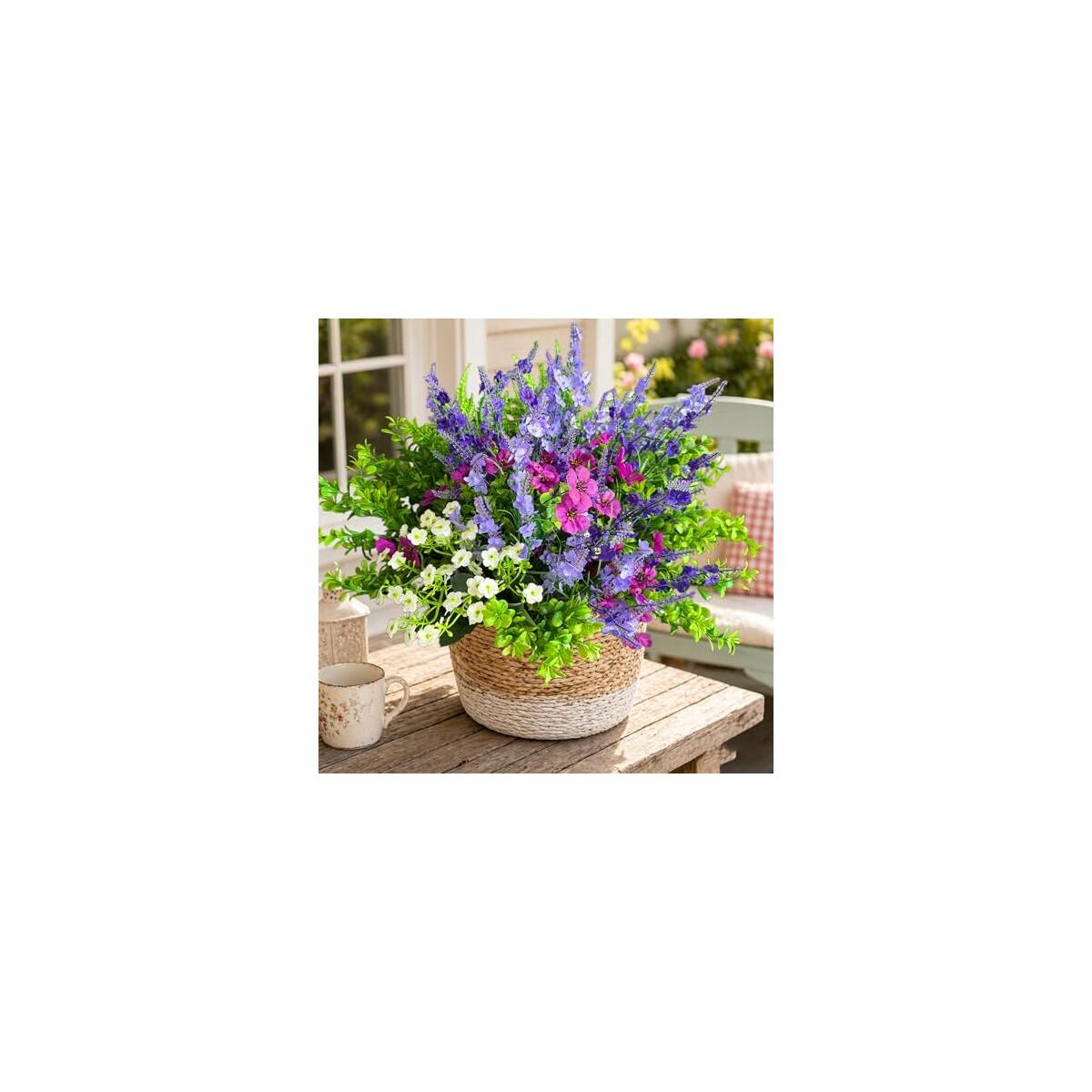 18 Bundles Lavender Artificial Flowers for Outdoors Silk Fake Flowers Faux Plants UV Resistant Boxwood Shrubs for Indoor Outside Summer Porch Garden Window Table Box Office Home Wedding Decorations