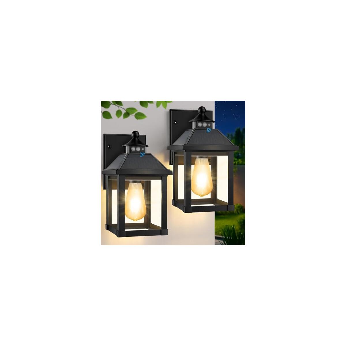 2 Pack Solar Wall Sconce Lights Outdoor, Motion Sensor Solar Porch Lights, Waterproof Exterior Wall Lamps with Clear Shade for Front Door, Yard, Garage, Patio, 5.8 &times; 5.8 &times; 11.8 in