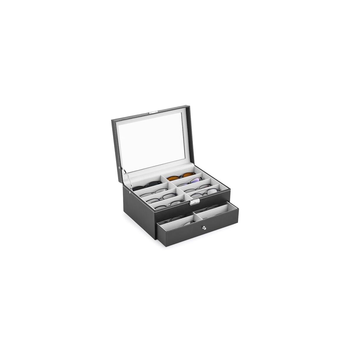 CO-Z Sunglasses Organizer, Leather Eyeglasses Storage Box for Women Men, Lockable Sunglass Display Case Holder with Drawer