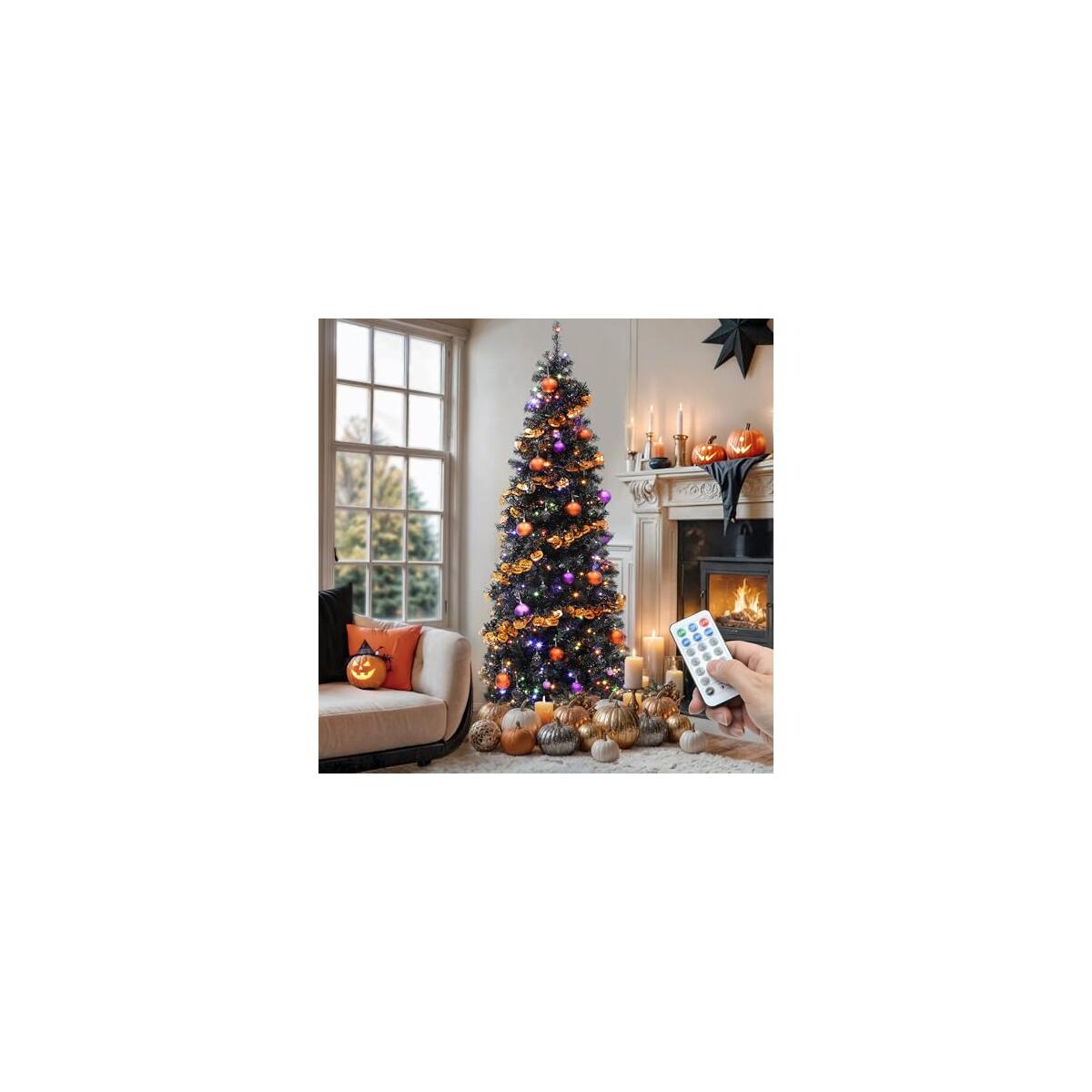YITAHOME Pre-Lit Black Pencil Halloween Christmas Tree 7.5ft w/Remote, Black Slim Artificial Christmas Tree, Prelit Pencil Christmas Tree w/ 350 LED Lights & 1000 Branch Tips | Holiday Decor