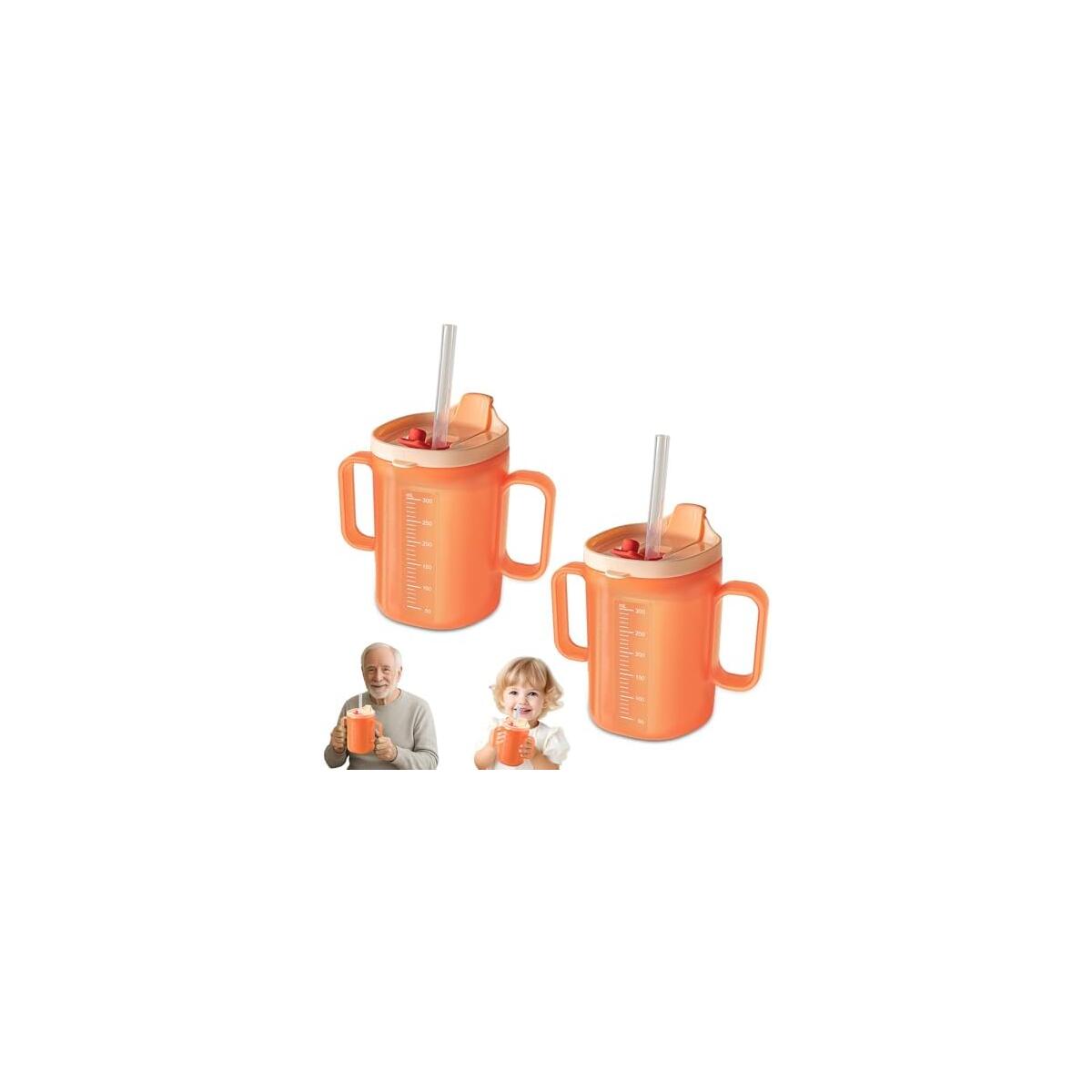 2 PCS Elderly Spill Proof Cups, 300 ml Unspillable Cup with 2 Handles, Elderly Drinking Cup, Feeding Cup Drinking Cup with Lid and Straw, Adult