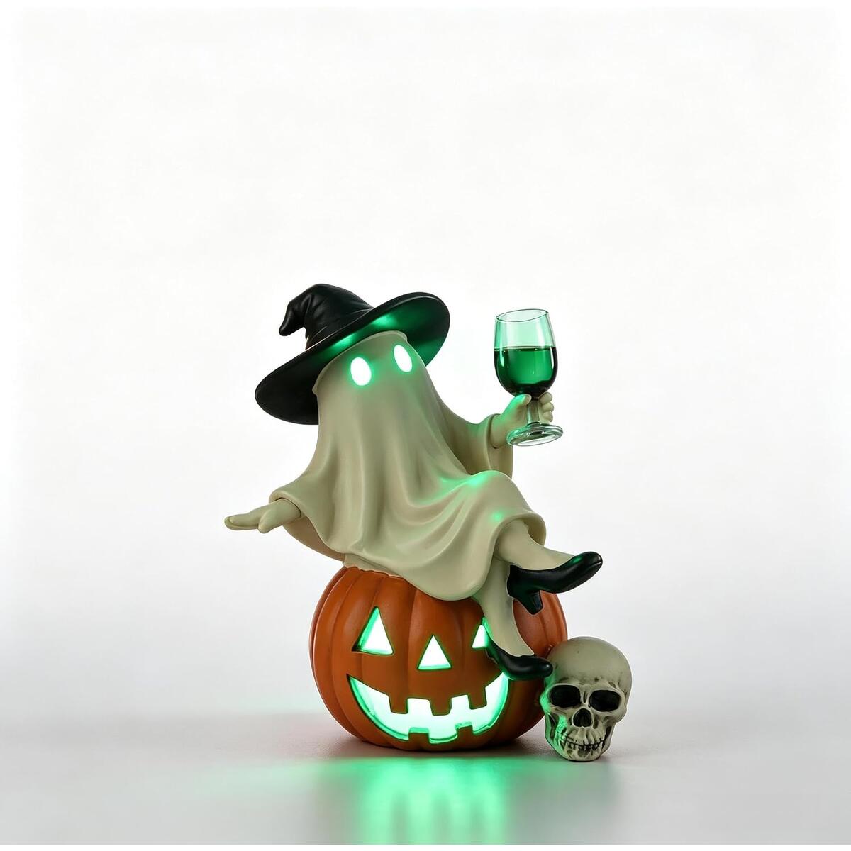 Halloween Ghost Sitting on Pumpkin Figurine with LED