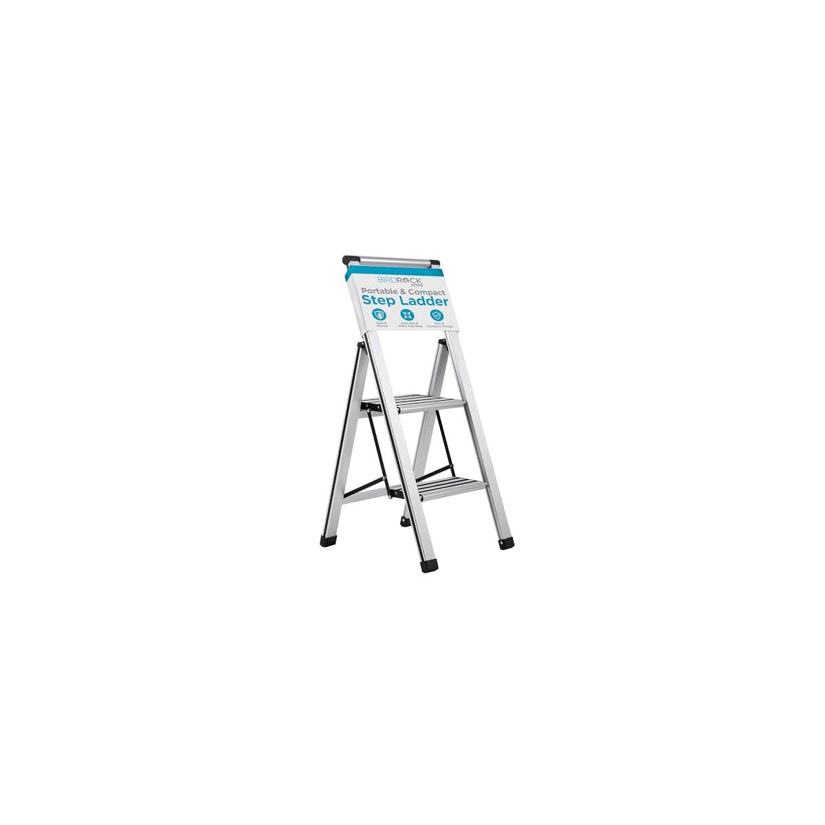 BIRDROCK HOME 2 Step Ladder | Folding Anti-Slip Step Stool, 250 lb Capacity | Lightweight, Slim & Sturdy Design for Household, Kitchen, Garage, Indoor & Outdoor Use | Collapsible, Portable, Heavy-Duty