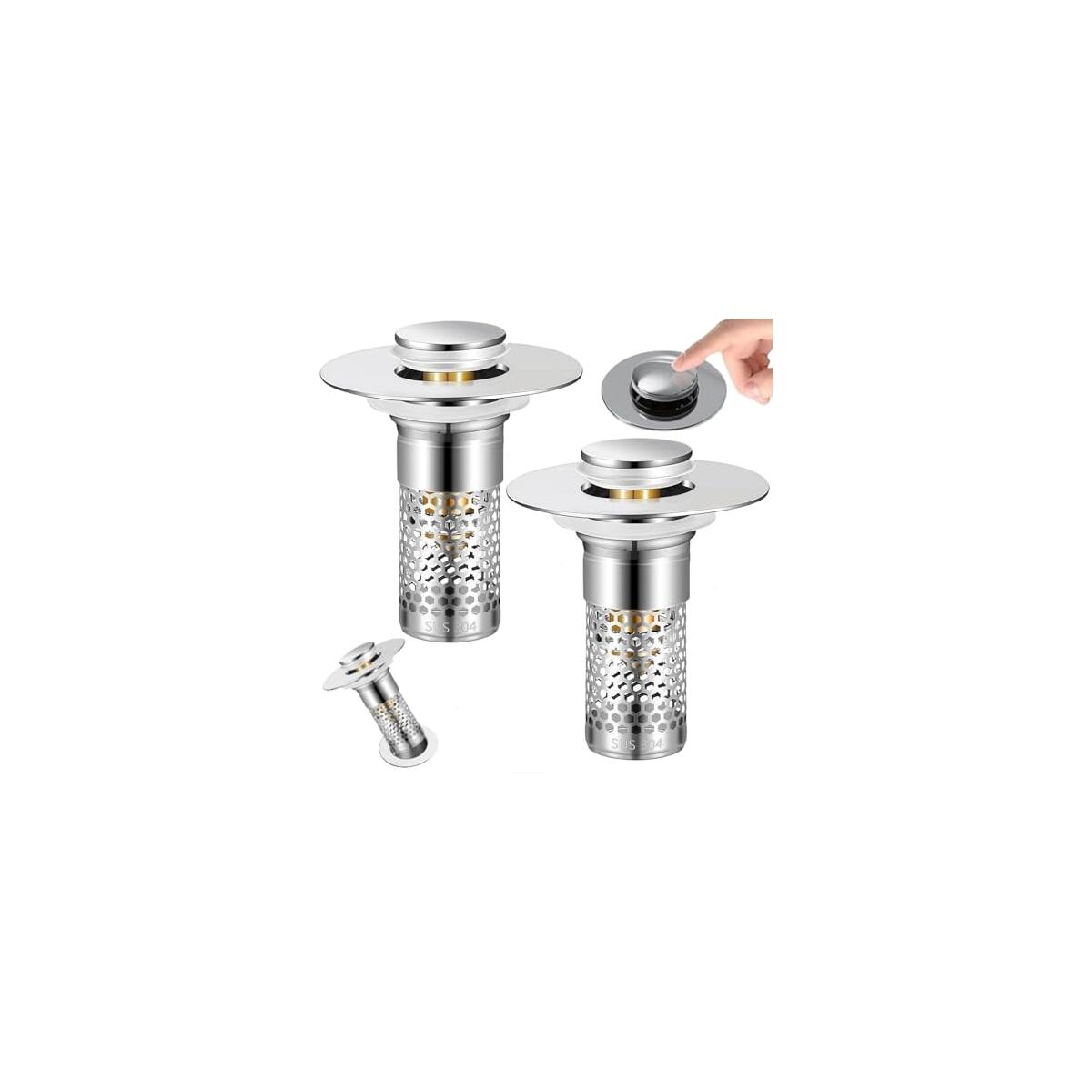 Bathroom Sink Drain Strainer 2 Pack,Bathroom Sink Stopper with Pop-Up Drain and Removable Hair Catcher, Stainless Steel Filter Basket, Fits Standard US Bathroom Sinks