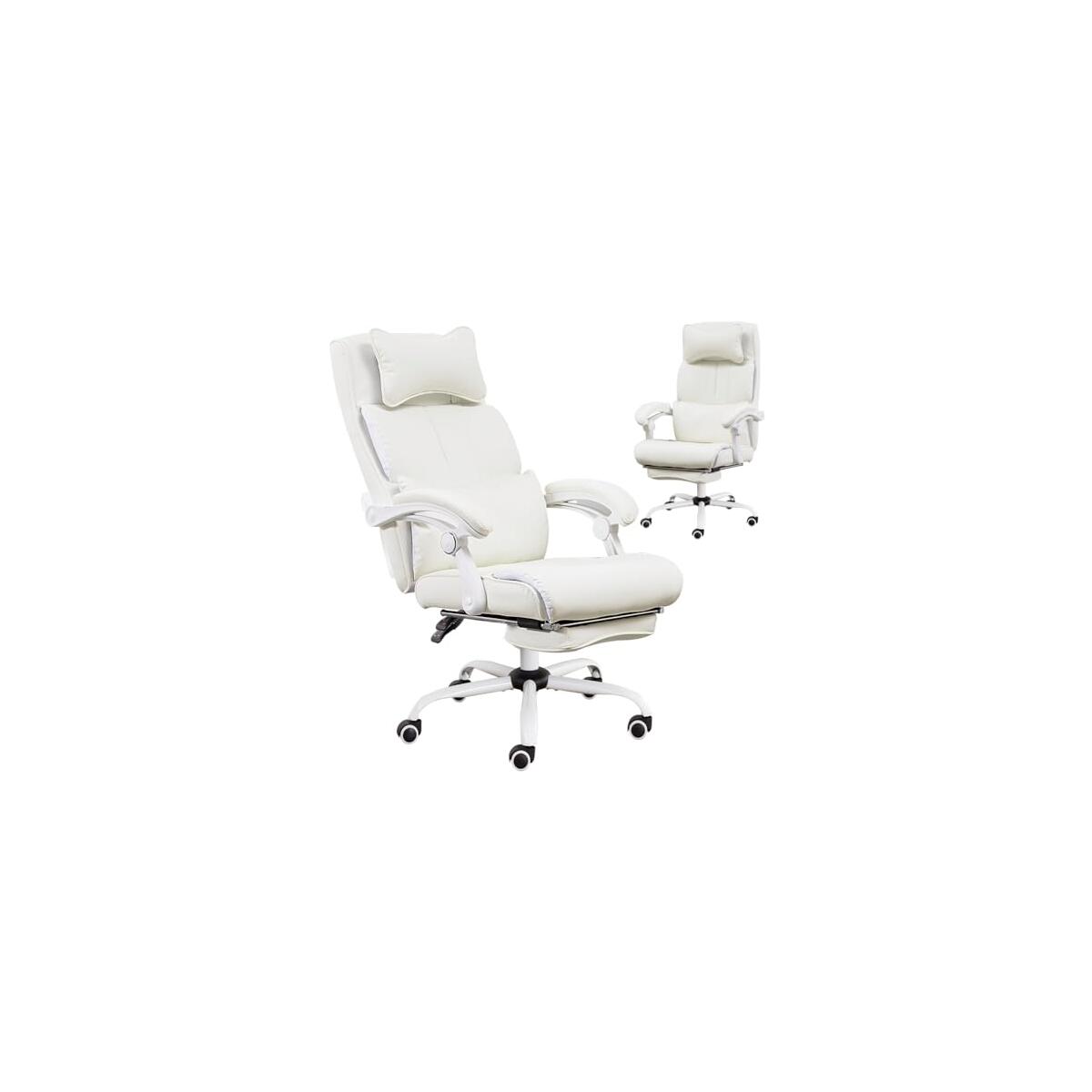 High Back Office Chair with Foot Rest, Reclining Desk Chairs with Footrest White Computer PU Leather Chair, Big and Tall Office Chairs 300 lbs Capacity - Recline Locked at Multi-Position (White)