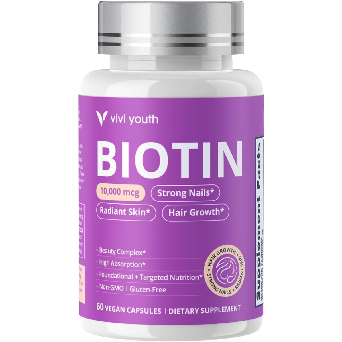 Biotin 10000mcg Hair Skin Nails Supplement for Women - 60 Capsules