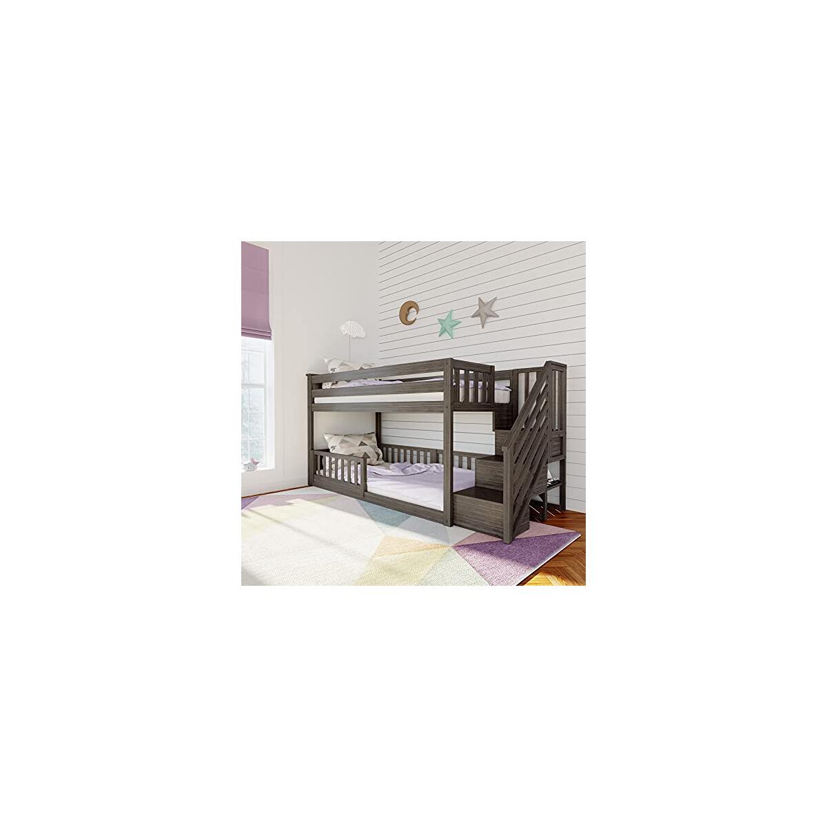 Max & Lily Low Bunk with Stairs and Three Guard Rails, Clay