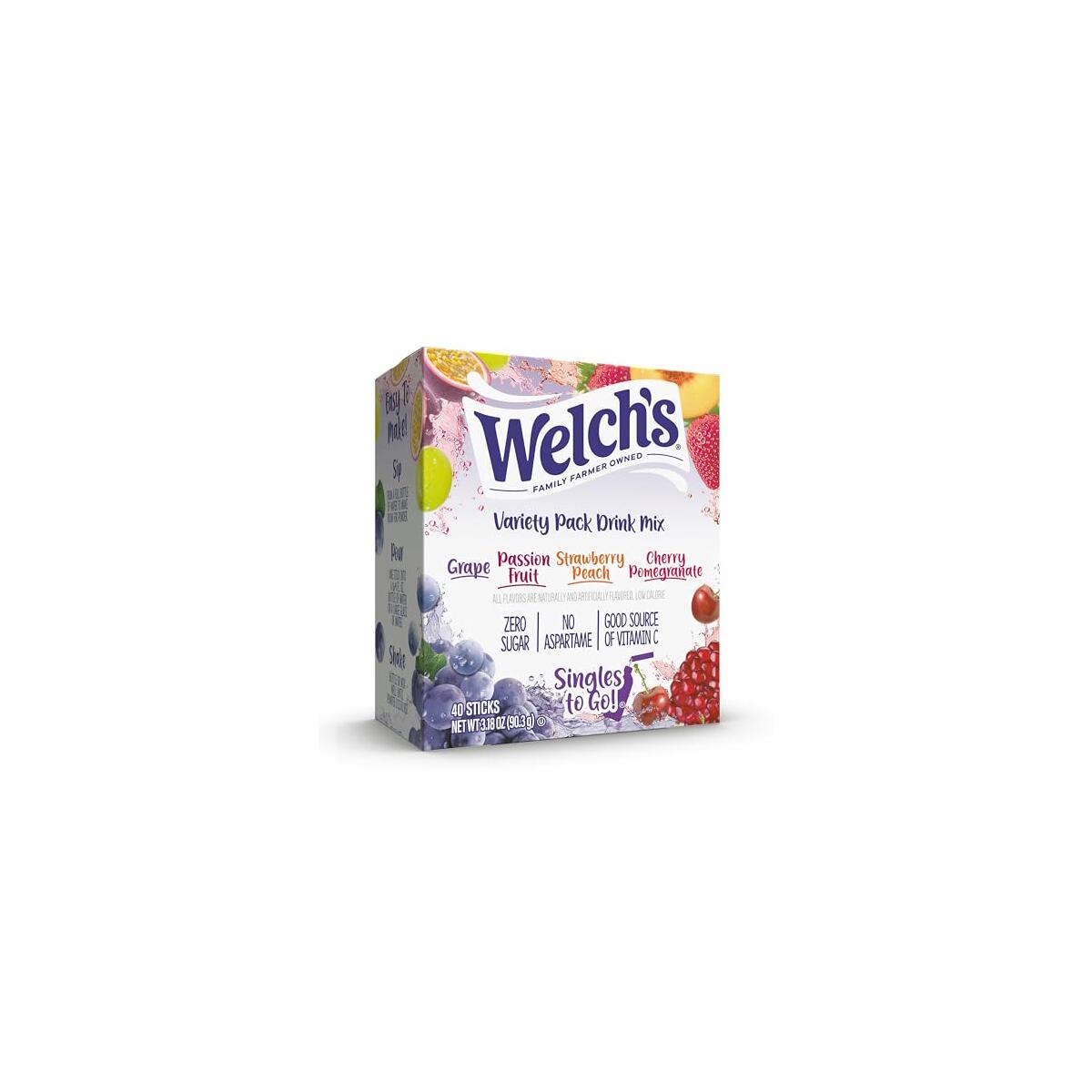 Welch's Singles To Go Variety Pack, Watertok Powdered Drink Mix, Includes 4 Flavors, Grape, Passion fruit, Strawberry Peach, Cherry Pomegranate, 1 Box (40 Servings)