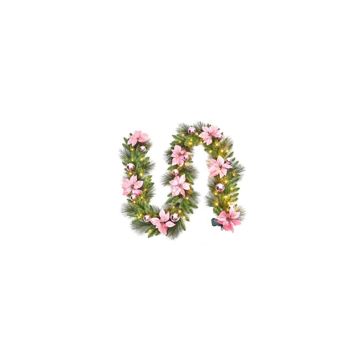 Garvee Pre-Lit Christmas Garland with LED Lights, Lighted Garland with Flower Cypress Leaves Christmas Ball, Indoor Outdoor Xtmas Decoration, 9 ft/ 108 in, Pink