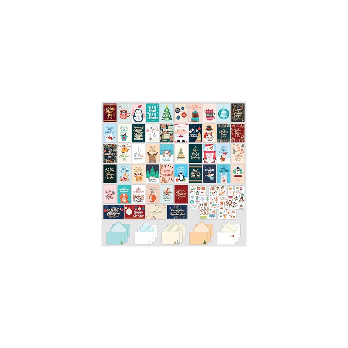 Decorably 50 Pack Foiled 5x7in Assorted Christmas Cards with Envelopes and Stickers, 50 Unique and Festive Designs Bulk Christmas Cards with Envelopes Bulk, with Printed Message Inside