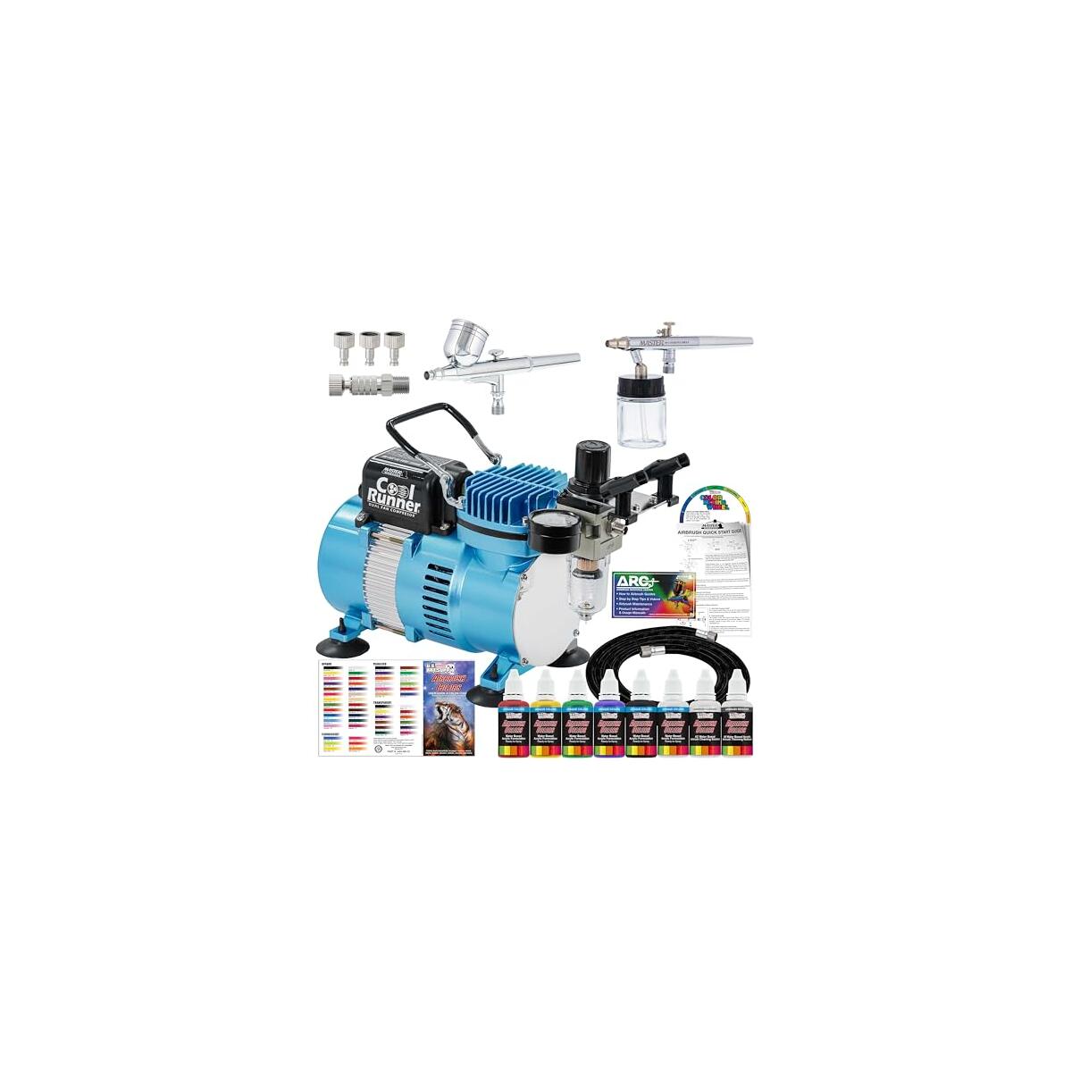 Master Airbrush Cool Runner II Air Brush Kit with Dual Fan Compressor & 2 Airbrushes - Includes 6 Primary Acrylic Paint Colors Artist Set, How-to Guide, Color Chart & Hose