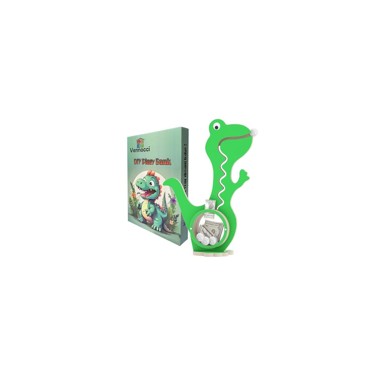 A2 Dinosaur Piggy Bank for Kids Boys Girls, Wooden Coin Bank with Large Clear Acrylic Belly, Cute Money Savings Box Toy Gift for Toddlers Birthday Christmas (Green)