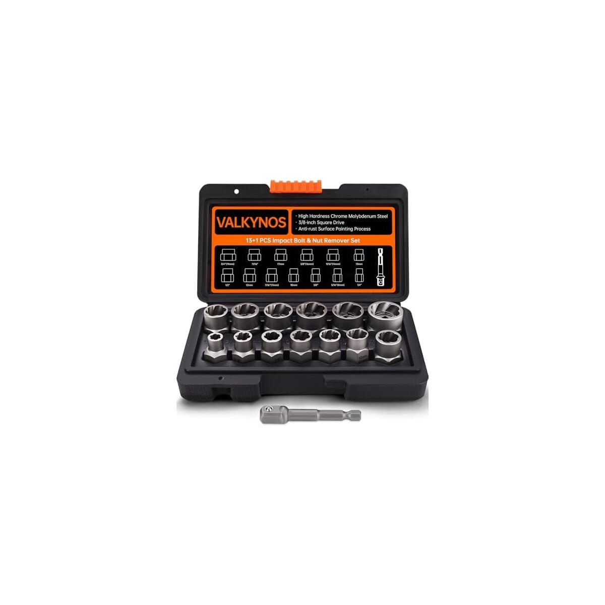 Valkynos Bolt Extractor Kit 14 Pcs, Stripped Bolt Extractor Set, Impact Bolt Nut Removal Tool, Easy Out Remove Rusted, Frozen, Damaged, Rounded-Off Bolt Nut Screw, with Hex Drive, Cr-Mo Steel