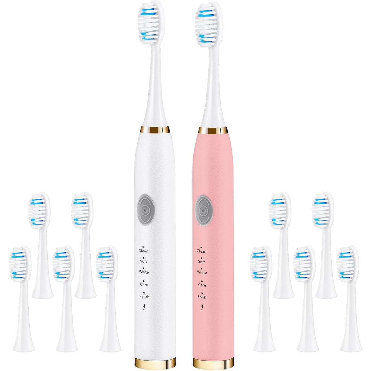 Dnil 2-Pack Rechargeable Sonic Toothbrush for Adults, Long-Lasting Battery Operated, 35,000 VPM Fast Brushing, Includes 10 Brush Heads and 5 Mode Options for Personalized Oral Care (White & Pink)