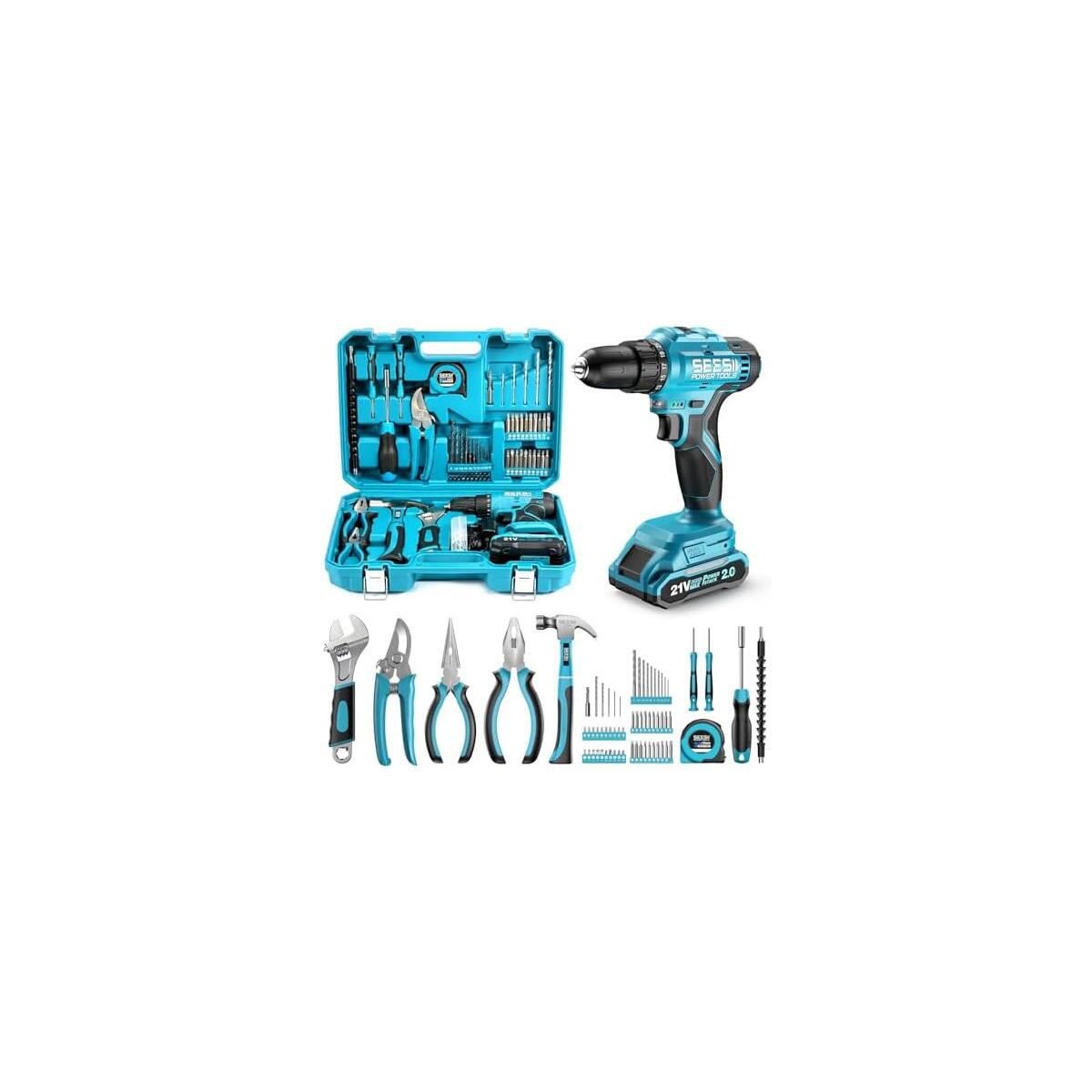 Seesii 21V Power Drill Set, 190Pcs Tool Kit with Toolbox for Home DIY | 40Nm Torque, 2.0Ah Battery, 25+1 2-Speed Clutch, CR-V Hand Tools, Flexible Shaft, LED, for Home Repair & Furniture Assembly