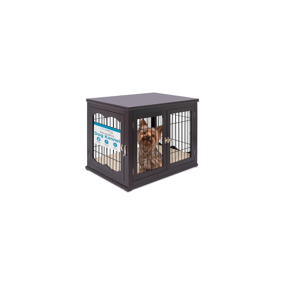 INTERNET'S BEST Decorative Dog Kennel with Pet Bed, Small Pet House, Double Door Indoor Crate, Engineered Wood & Wire Furniture, Side Table & Nightstand, Fits Small Dogs - Espresso